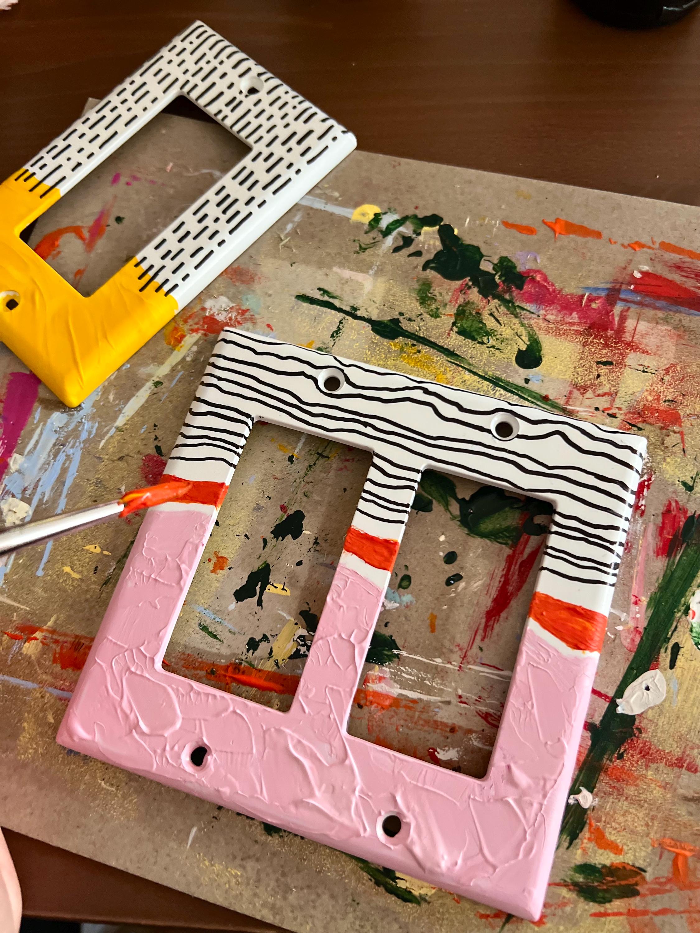 Unique Hand Painted Modern Pink and Black Striped Switch Plate Cover