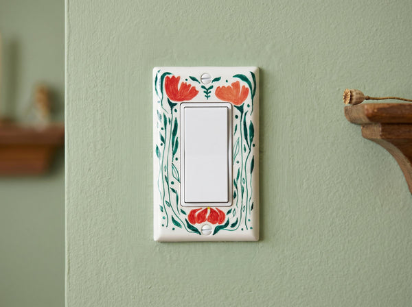 Hand-Painted Floral Light Switch Plate Cover, Orange Flowers Modern Wall Art