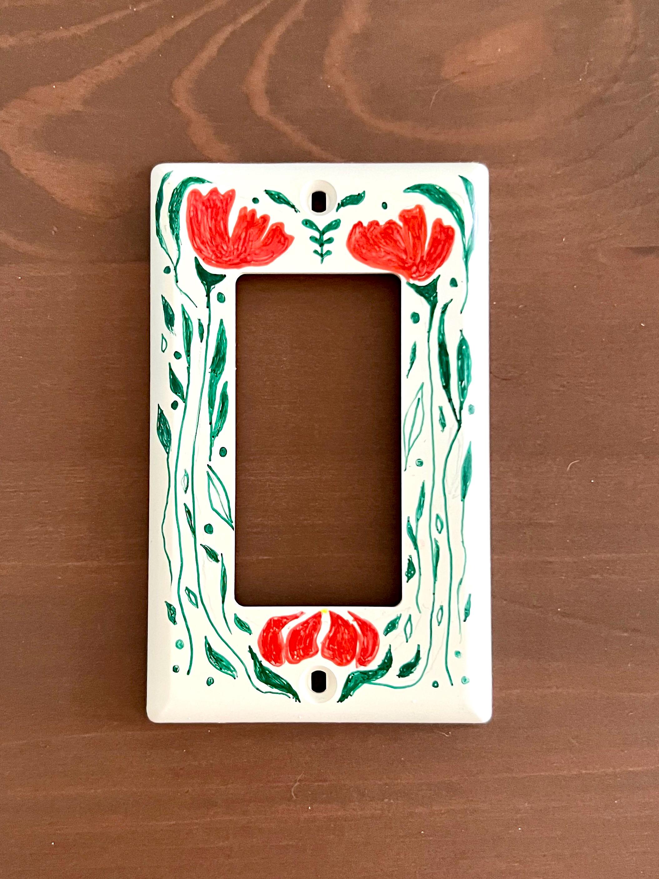 Hand-Painted Floral Light Switch Plate Cover, Orange Flowers Modern Wall Art