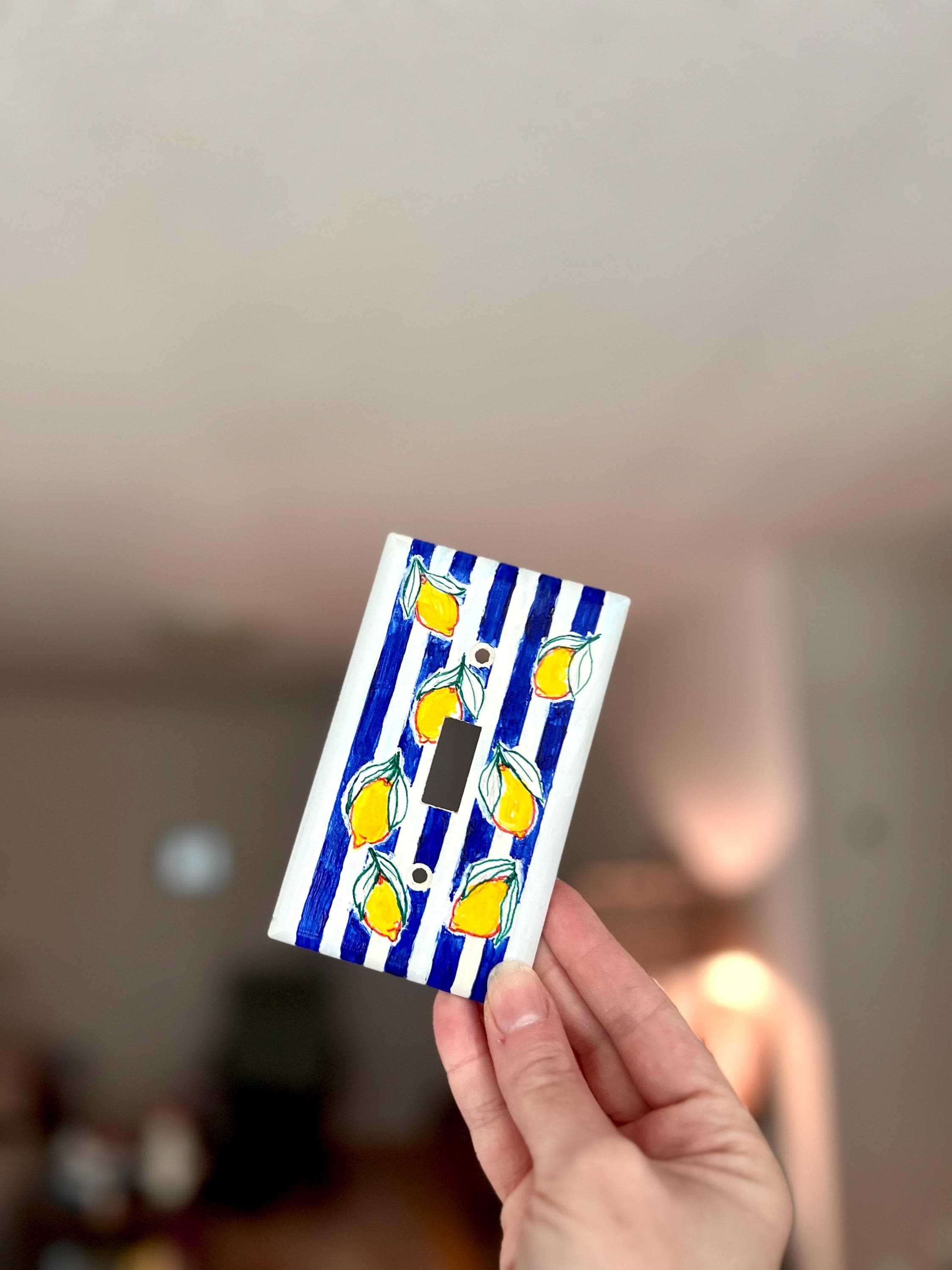 Handpainted Lemons Light Switch Cover Plate, Cottagecore Yellow Blue Striped Kitchen Wall Art