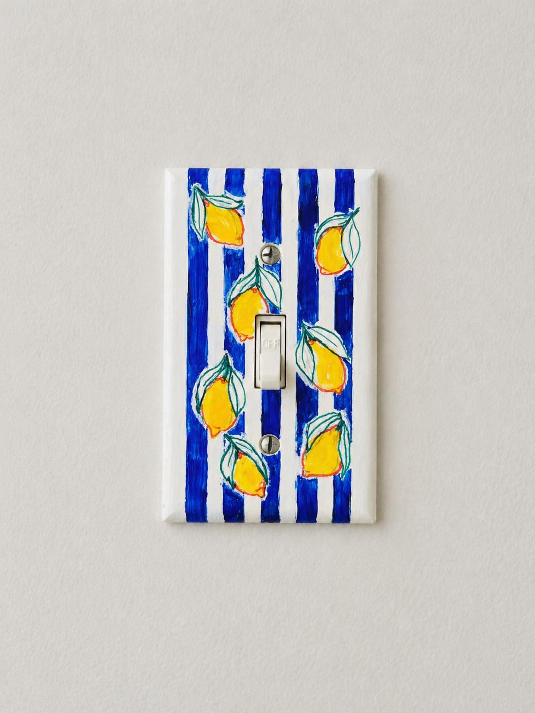 Handpainted Lemons Light Switch Cover Plate, Cottagecore Yellow Blue Striped Kitchen Wall Art