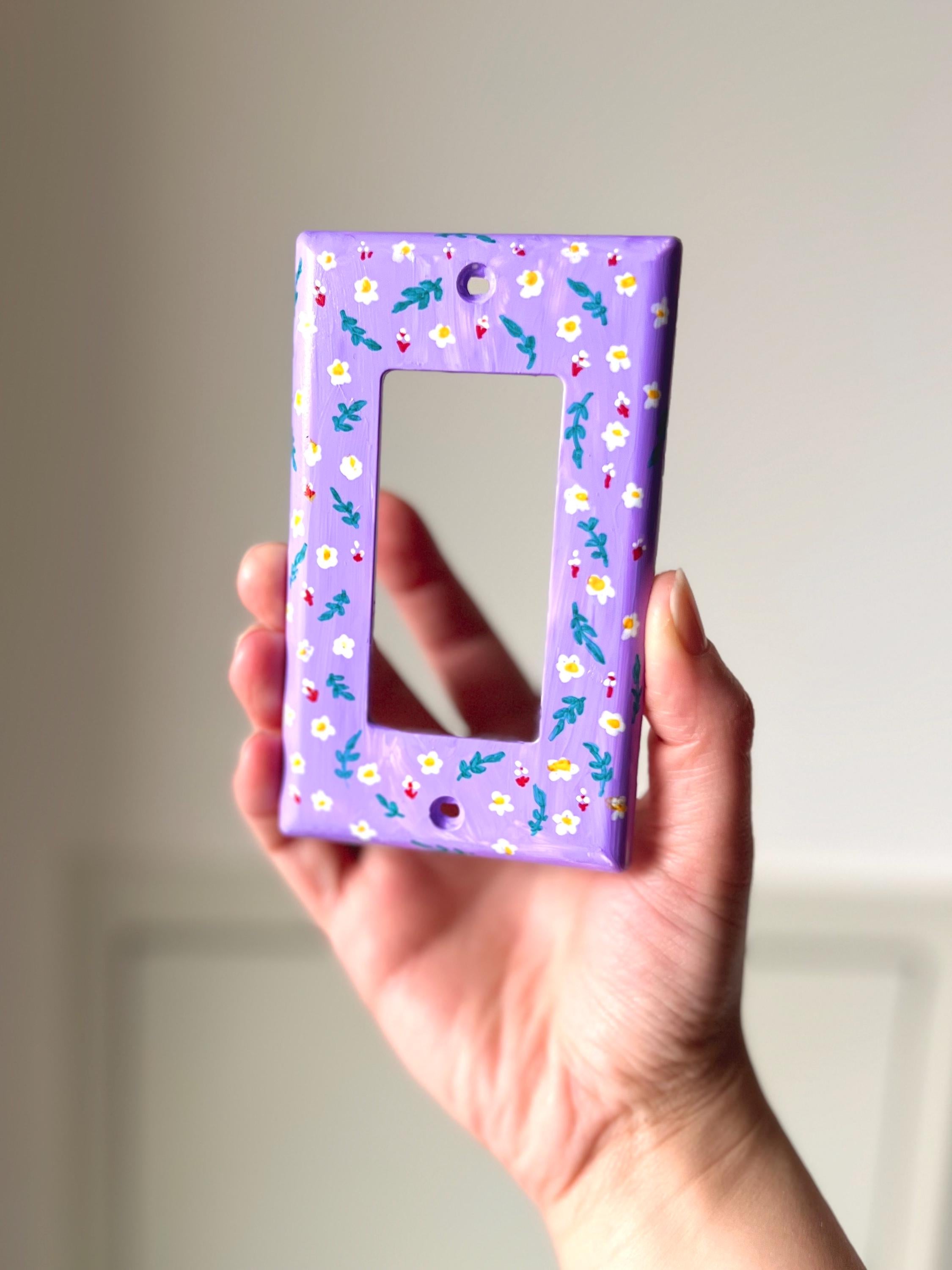 Hand-Painted Floral Light Switch Plate, Cottagecore Lavender Purple Wall Art