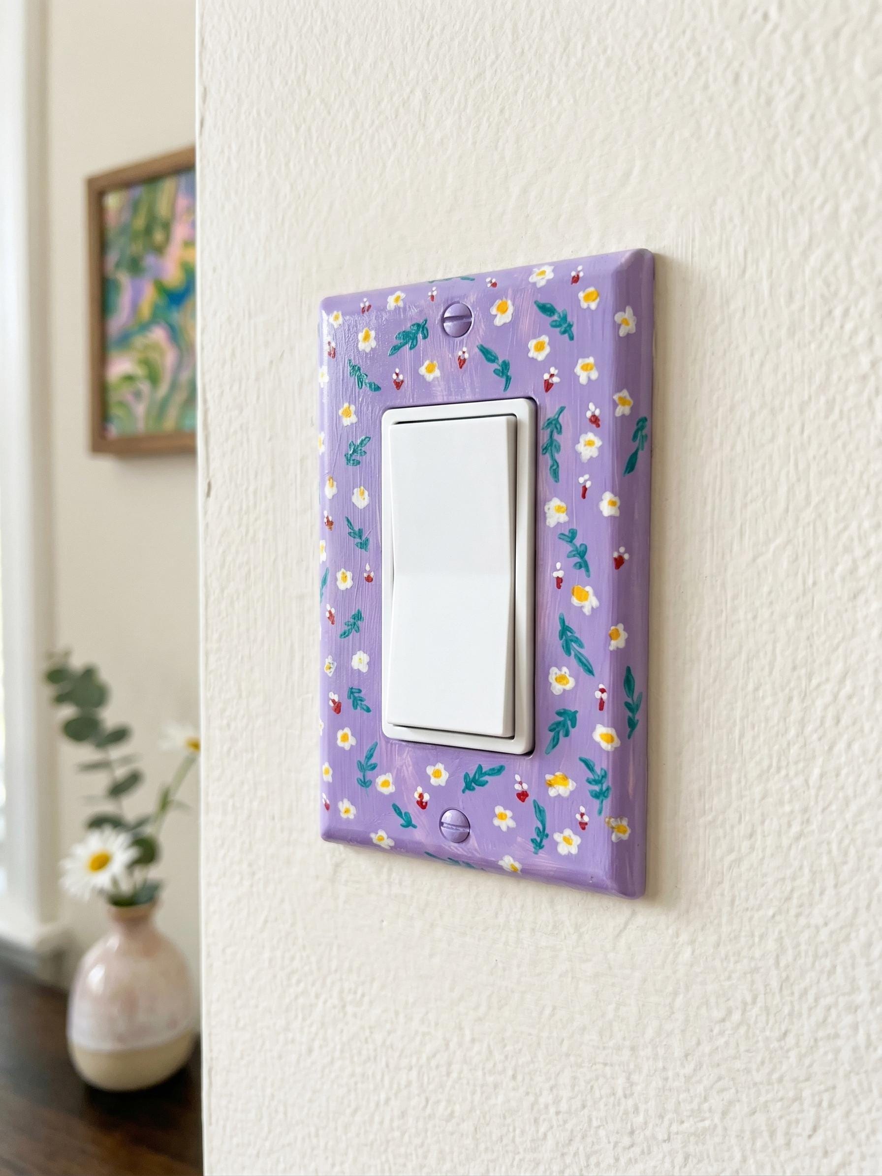 Hand-Painted Floral Light Switch Plate, Cottagecore Lavender Purple Wall Art