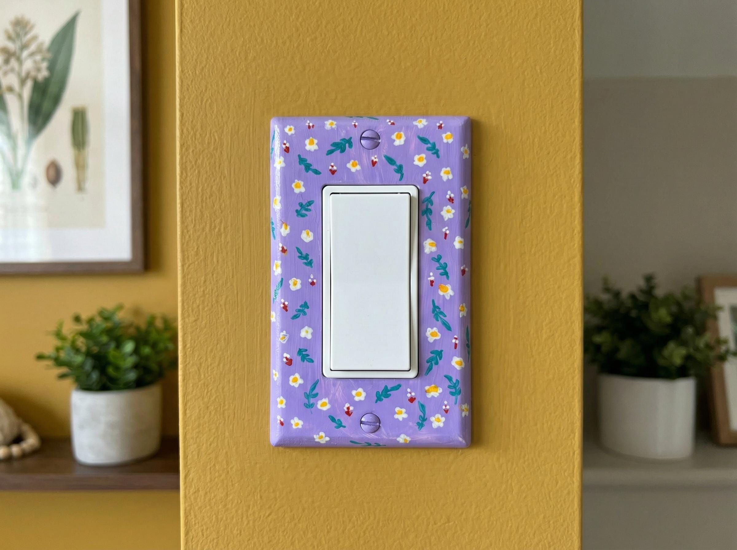 Hand-Painted Floral Light Switch Plate, Cottagecore Lavender Purple Wall Art