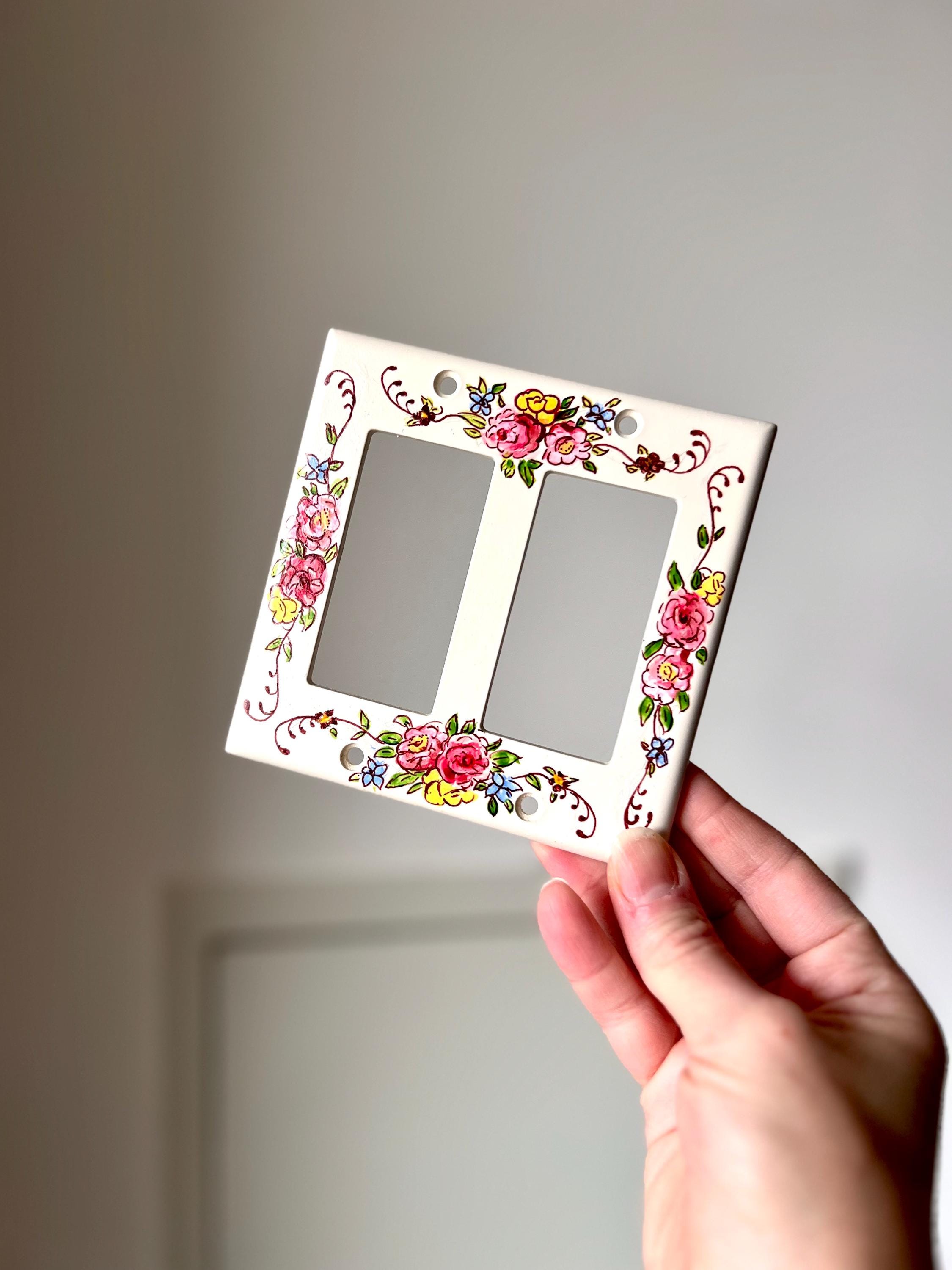 Hand-Painted Floral Vintage Light Switch Plate, Cottagecore Flowers Kitchen Wall Art