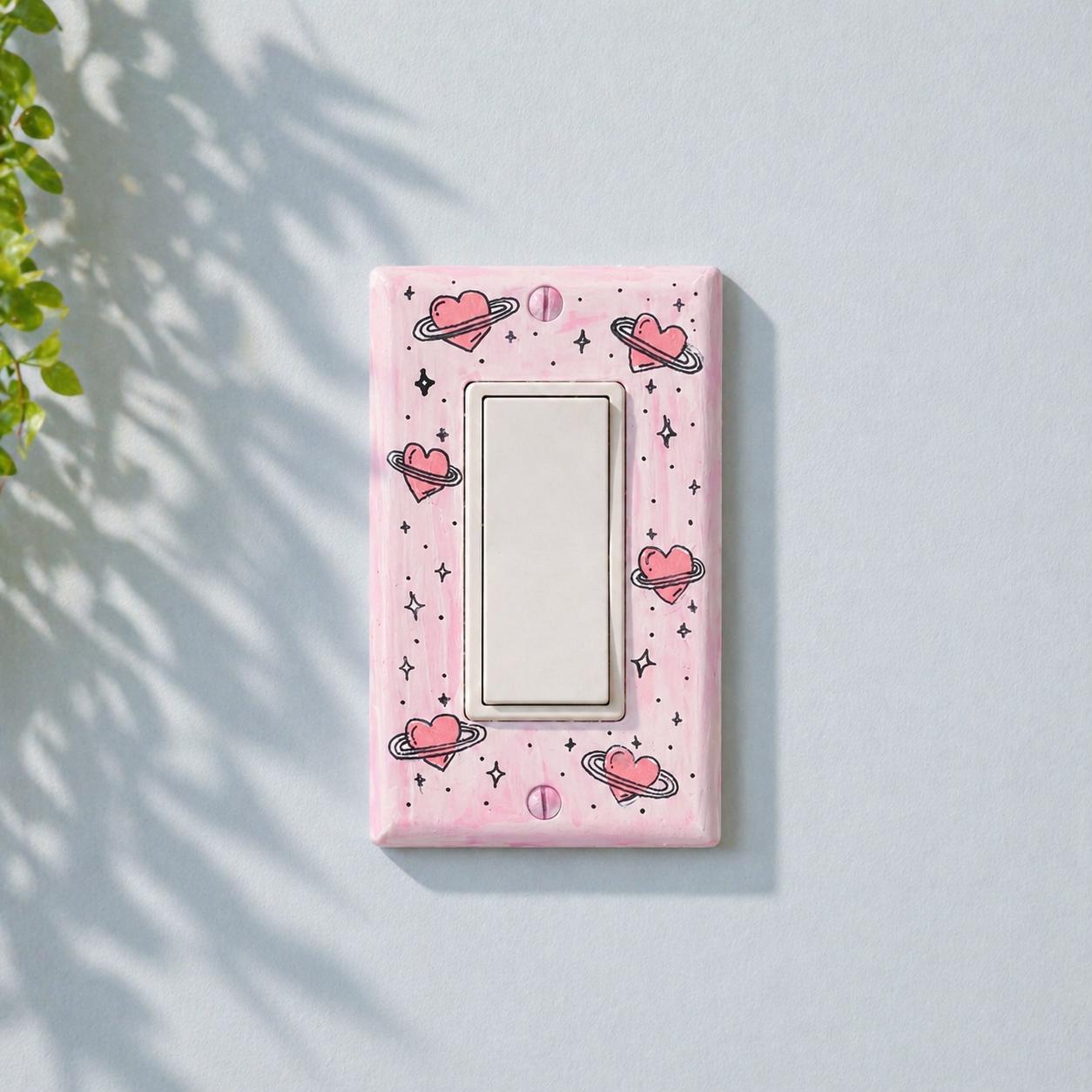 Hand-Painted Heart Planet Light Switch Plates, Kids Nursery Wall Art, Gift for Space Lovers
