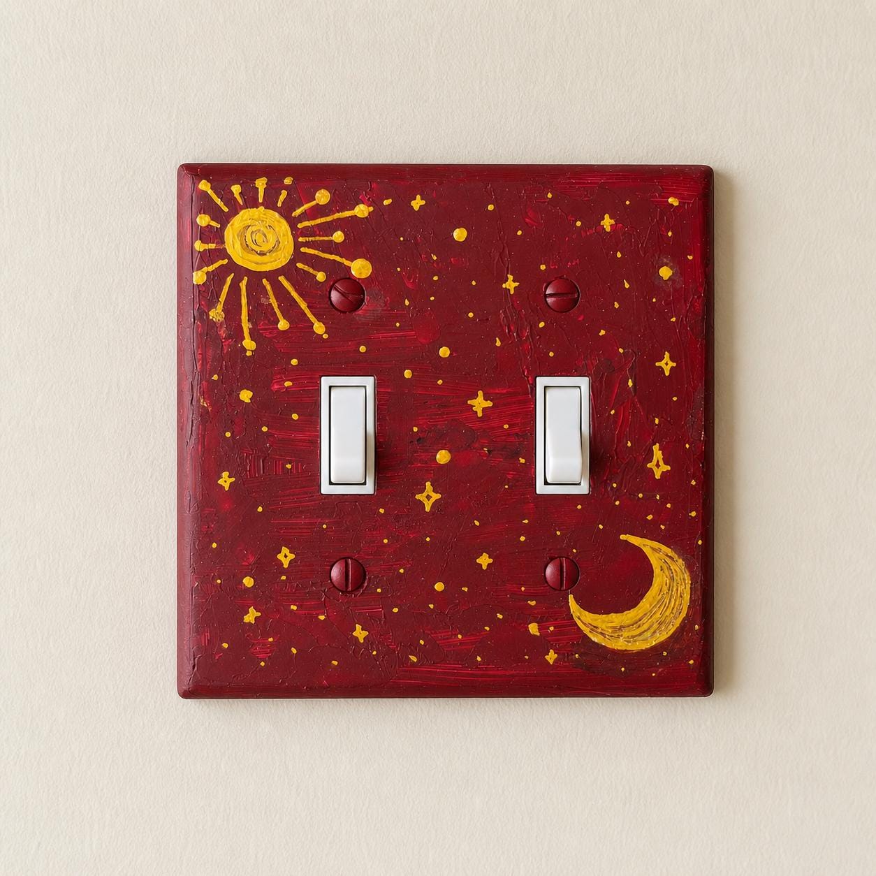 Hand-Painted Dark Red Celestial Switch Plate, Sun, Moon and Stars Wall Art Cover, Gold Witchy Decor