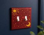 Hand-Painted Dark Red Celestial Switch Plate, Sun, Moon and Stars Wall Art Cover, Gold Witchy Decor