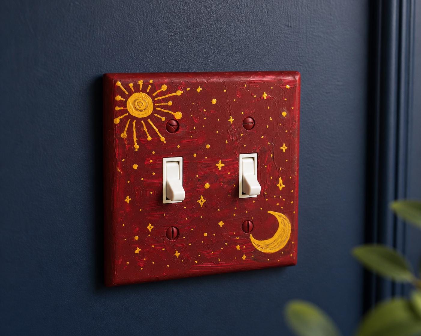 Hand-Painted Dark Red Celestial Switch Plate, Sun, Moon and Stars Wall Art Cover, Gold Witchy Decor