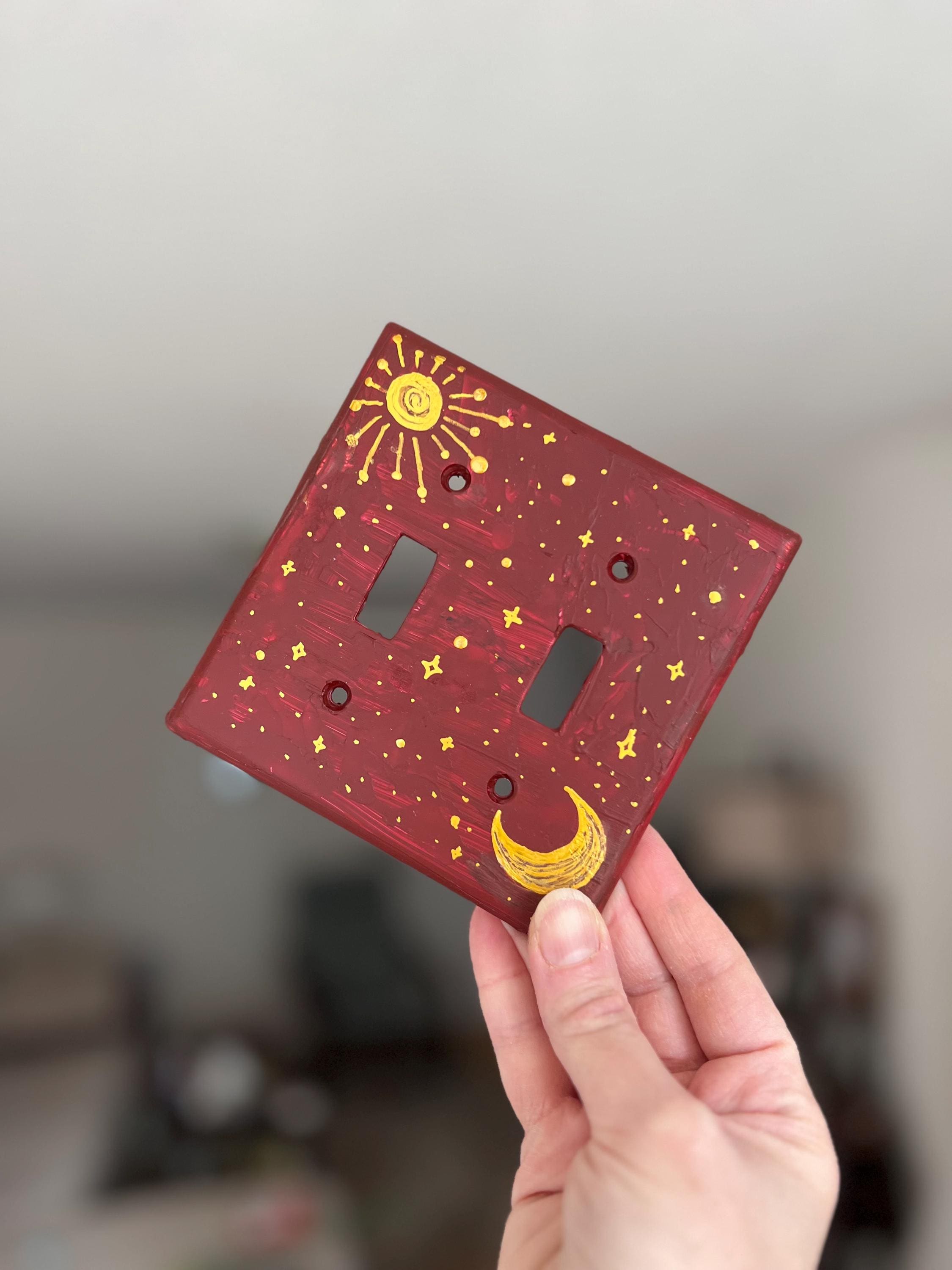Hand-Painted Dark Red Celestial Switch Plate, Sun, Moon and Stars Wall Art Cover, Gold Witchy Decor