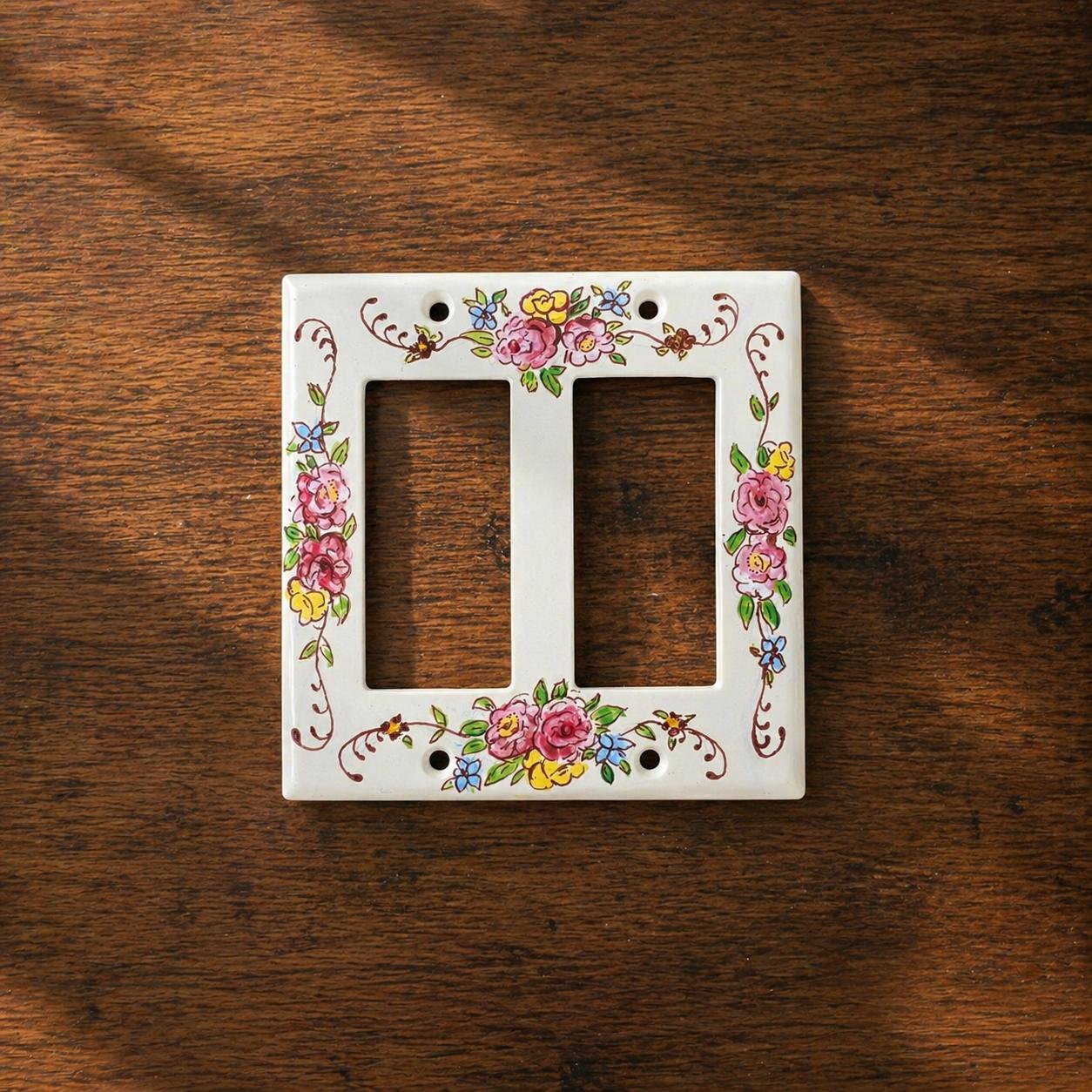 Hand-Painted Floral Vintage Light Switch Plate, Cottagecore Flowers Kitchen Wall Art