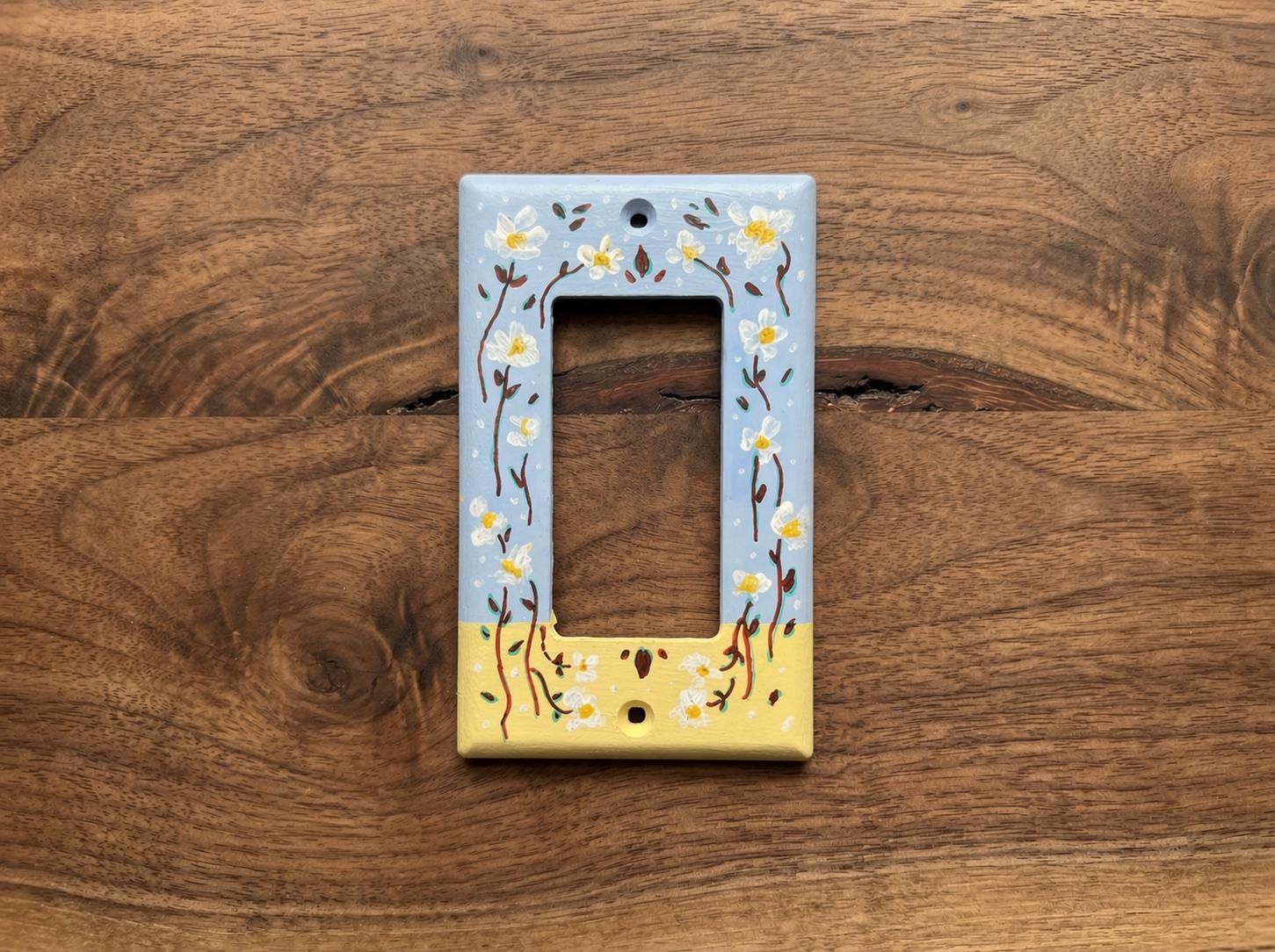 Hand-Painted Floral Switch Plate, Butter Yellow Blue Daisies Wall Art