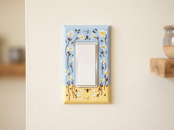Hand-Painted Floral Switch Plate, Butter Yellow Blue Daisies Wall Art