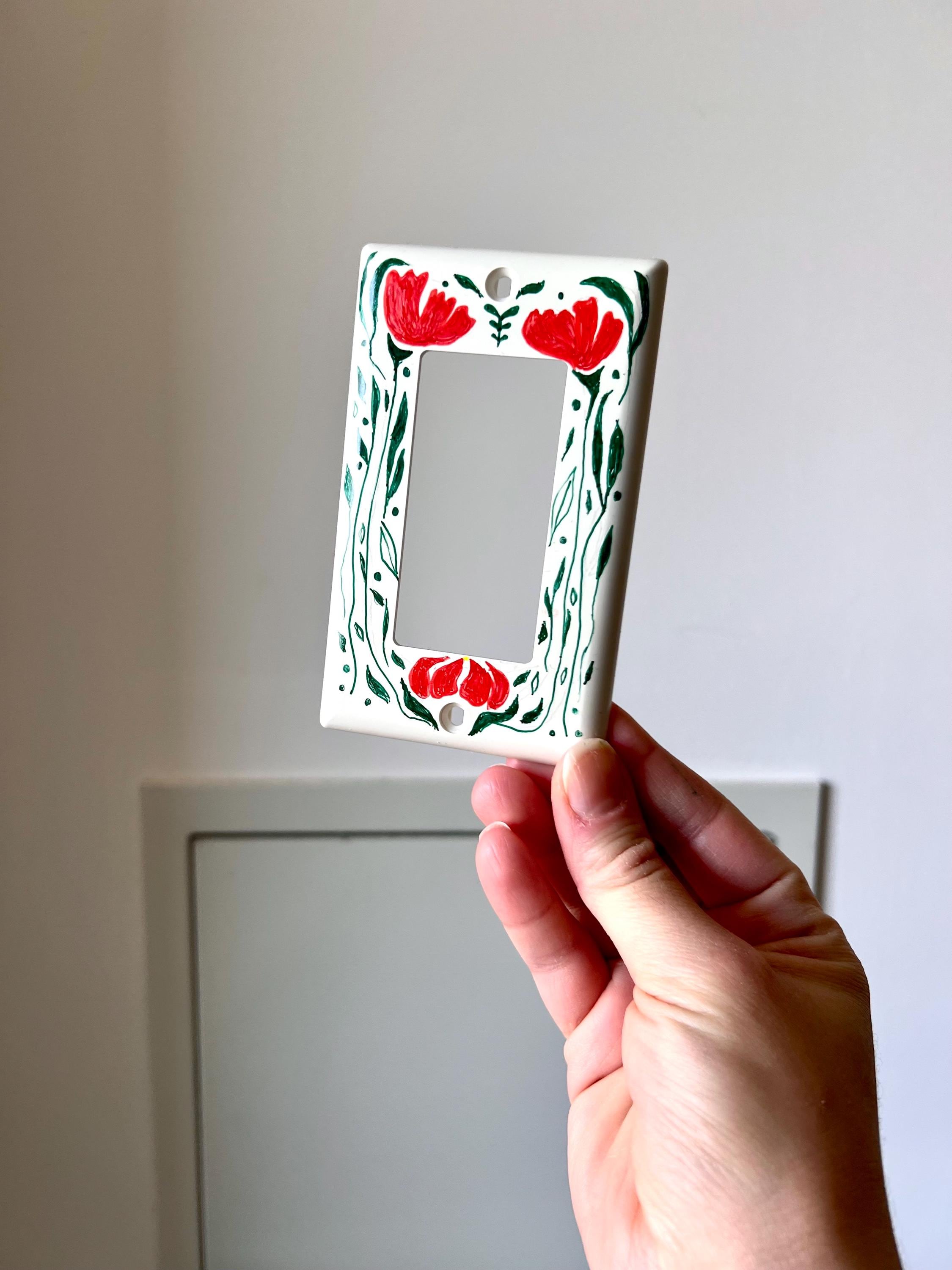 Hand-Painted Floral Light Switch Plate Cover, Orange Flowers Modern Wall Art