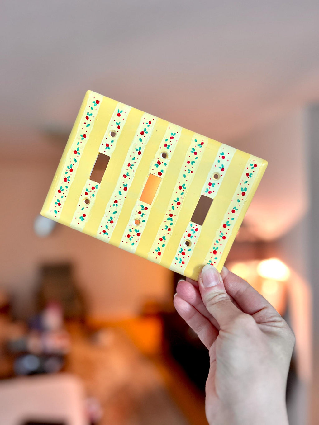 Hand-Painted Yellow Stripes Cherries Light Switch Plate, Kitchen Wall Art