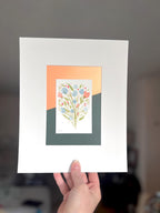 Original Matted Floral Watercolor Paintings, Hand Painted Flowers, Colorful Metallic Background, 8x10" Mat