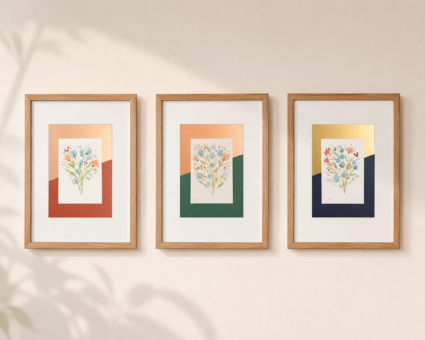 Original Matted Floral Watercolor Paintings, Hand Painted Flowers, Colorful Metallic Background, 8x10" Mat