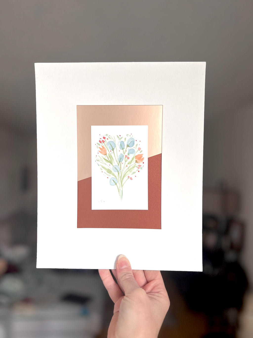 Original Matted Floral Watercolor Paintings, Hand Painted Flowers, Colorful Metallic Background, 8x10" Mat