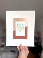 Original Matted Floral Watercolor Paintings, Hand Painted Flowers, Colorful Metallic Background, 8x10" Mat