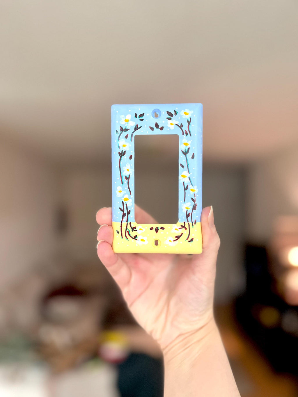 Hand-Painted Floral Switch Plate, Butter Yellow Blue Daisies Wall Art