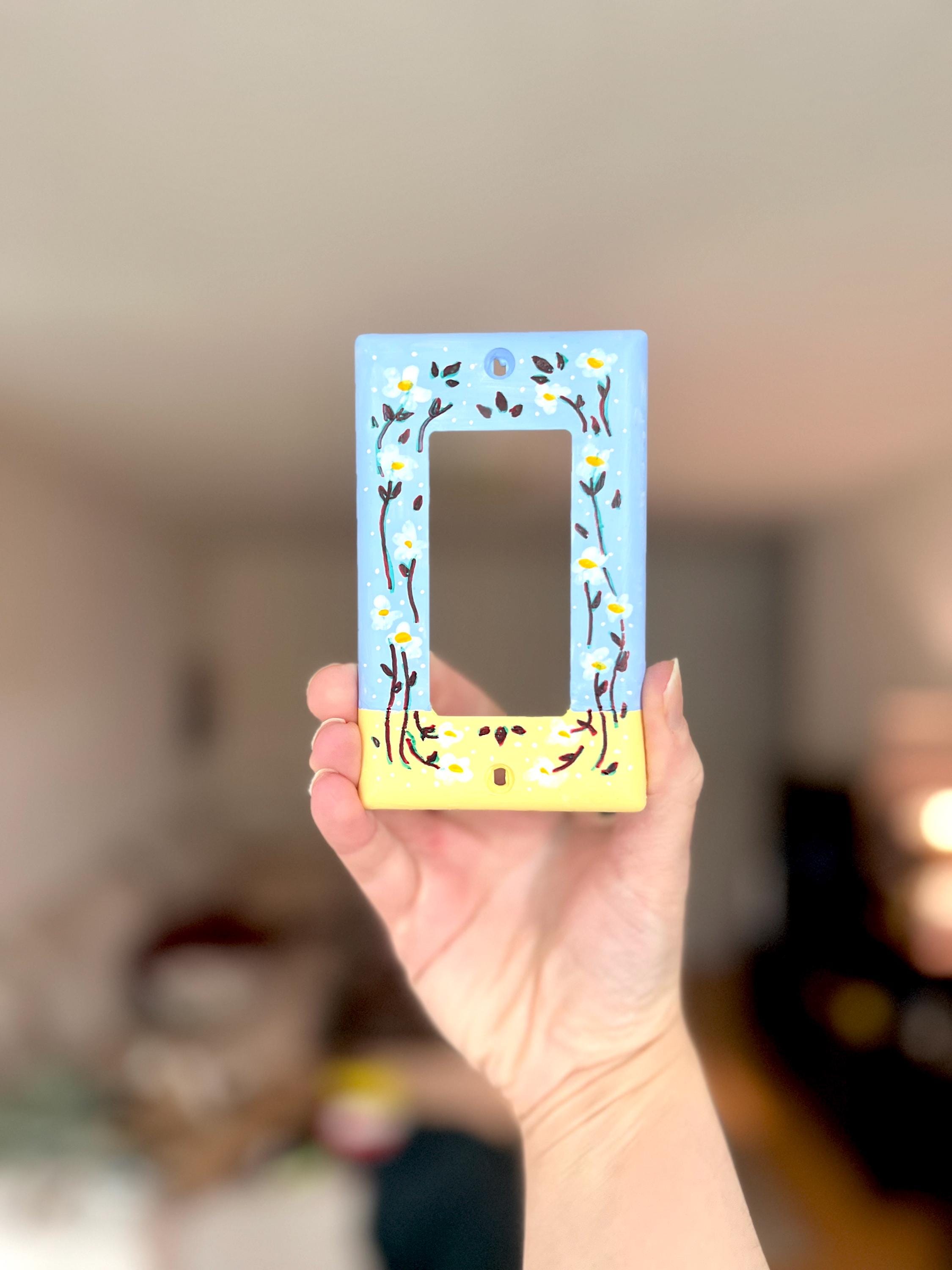 Hand-Painted Floral Switch Plate, Butter Yellow Blue Daisies Wall Art
