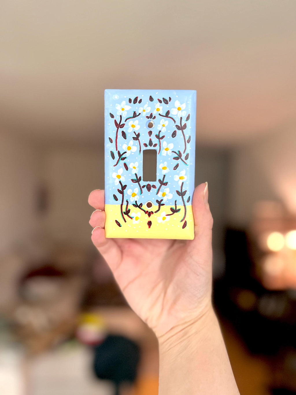 Hand-Painted Floral Switch Plate, Butter Yellow Blue Daisies Wall Art