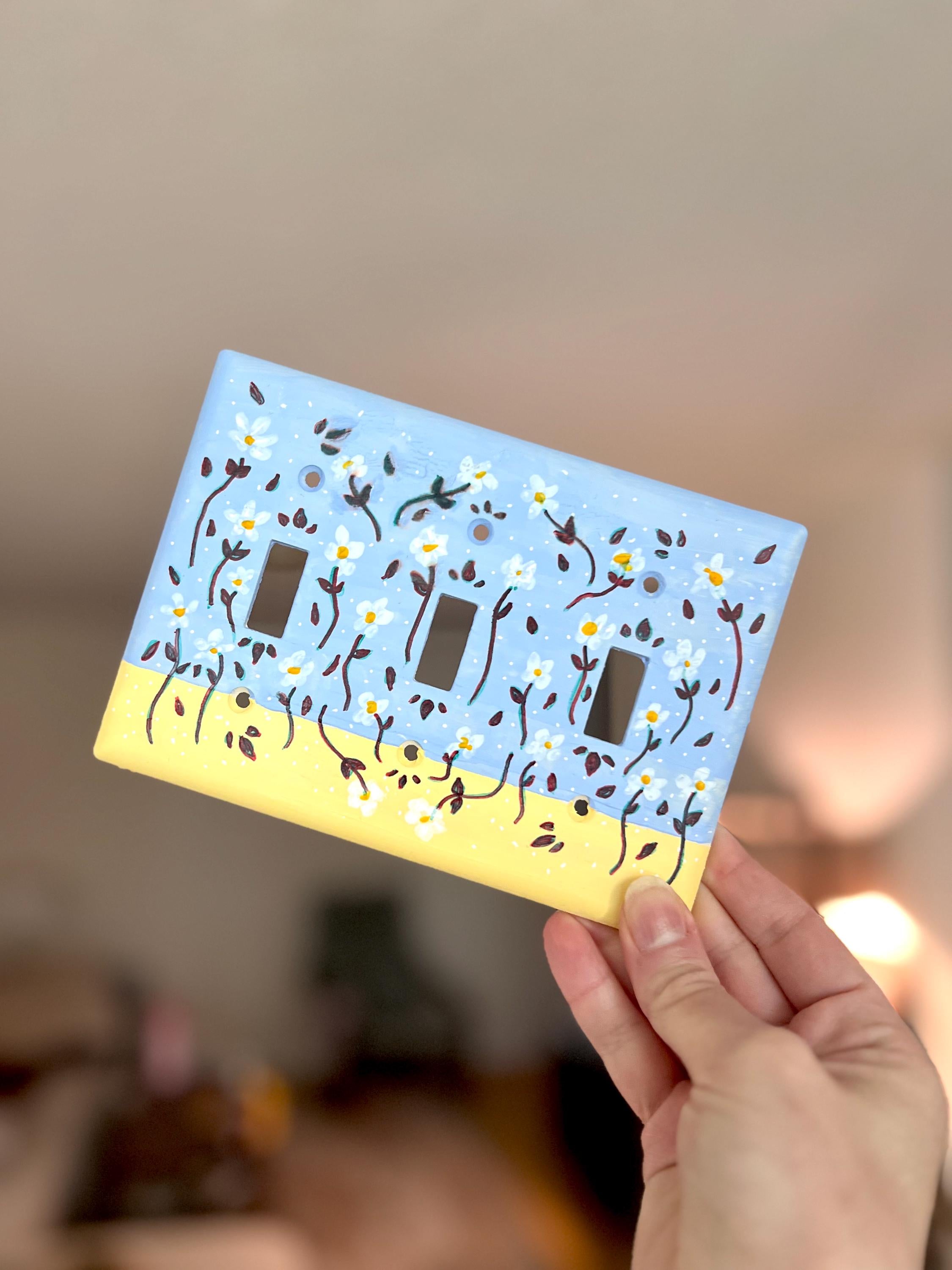 Hand-Painted Floral Switch Plate, Butter Yellow Blue Daisies Wall Art
