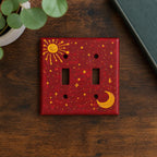 Hand-Painted Dark Red Celestial Switch Plate, Sun, Moon and Stars Wall Art Cover, Gold Witchy Decor