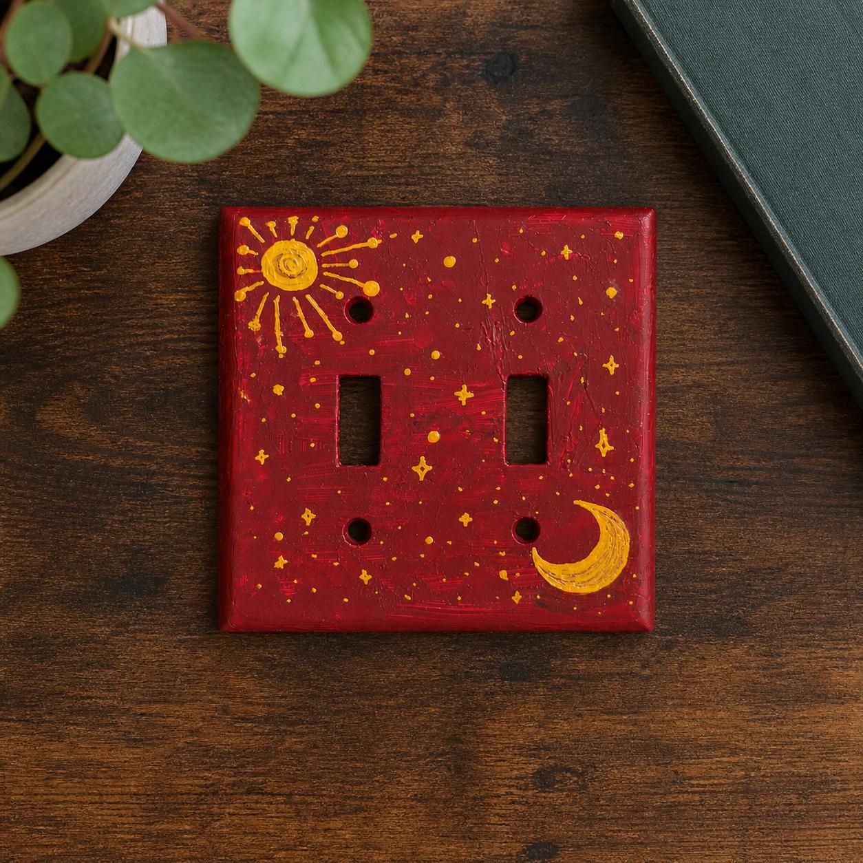 Hand-Painted Dark Red Celestial Switch Plate, Sun, Moon and Stars Wall Art Cover, Gold Witchy Decor