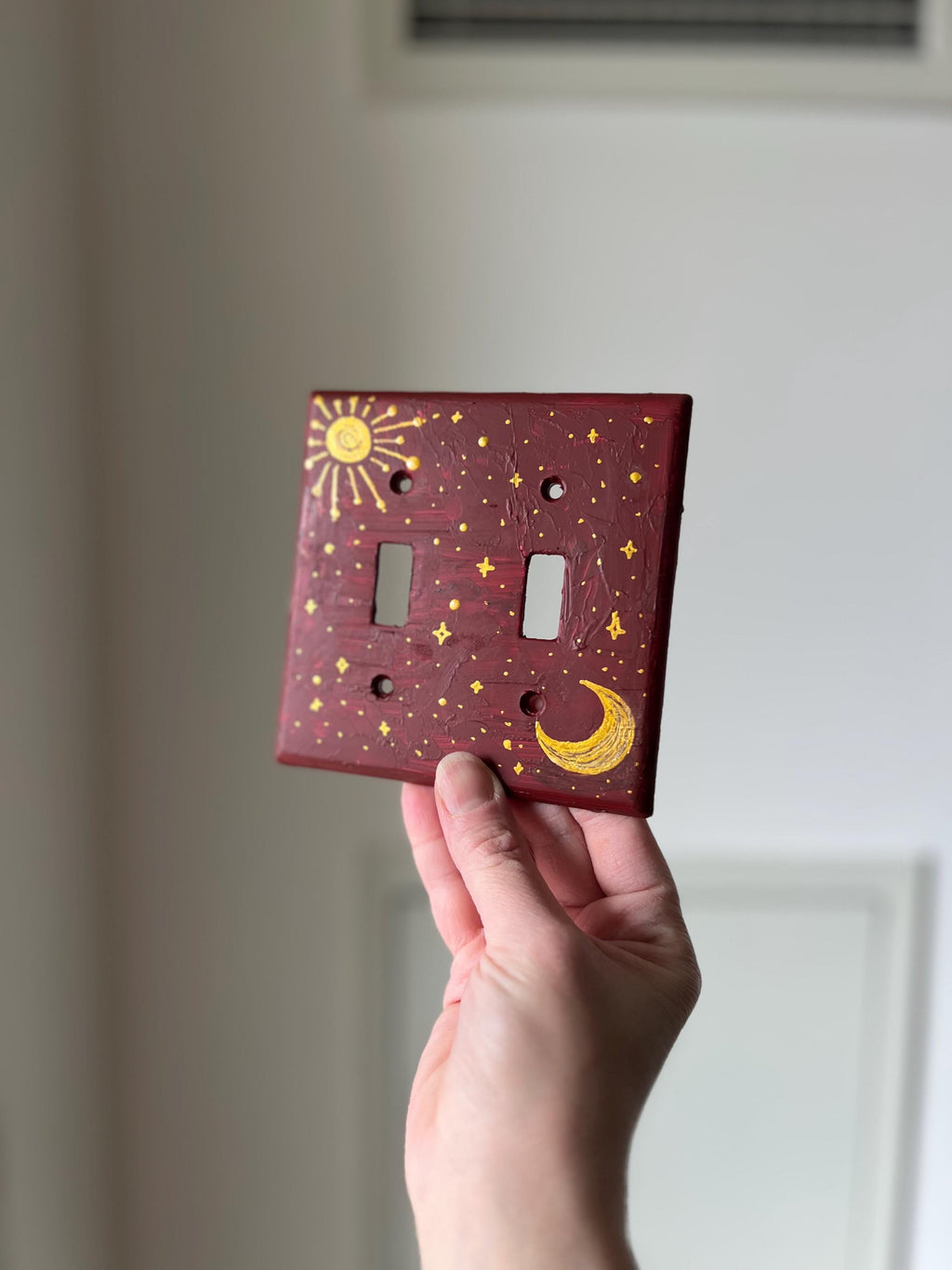 Hand-Painted Dark Red Celestial Switch Plate, Sun, Moon and Stars Wall Art Cover, Gold Witchy Decor