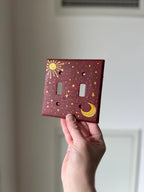 Hand-Painted Dark Red Celestial Switch Plate, Sun, Moon and Stars Wall Art Cover, Gold Witchy Decor