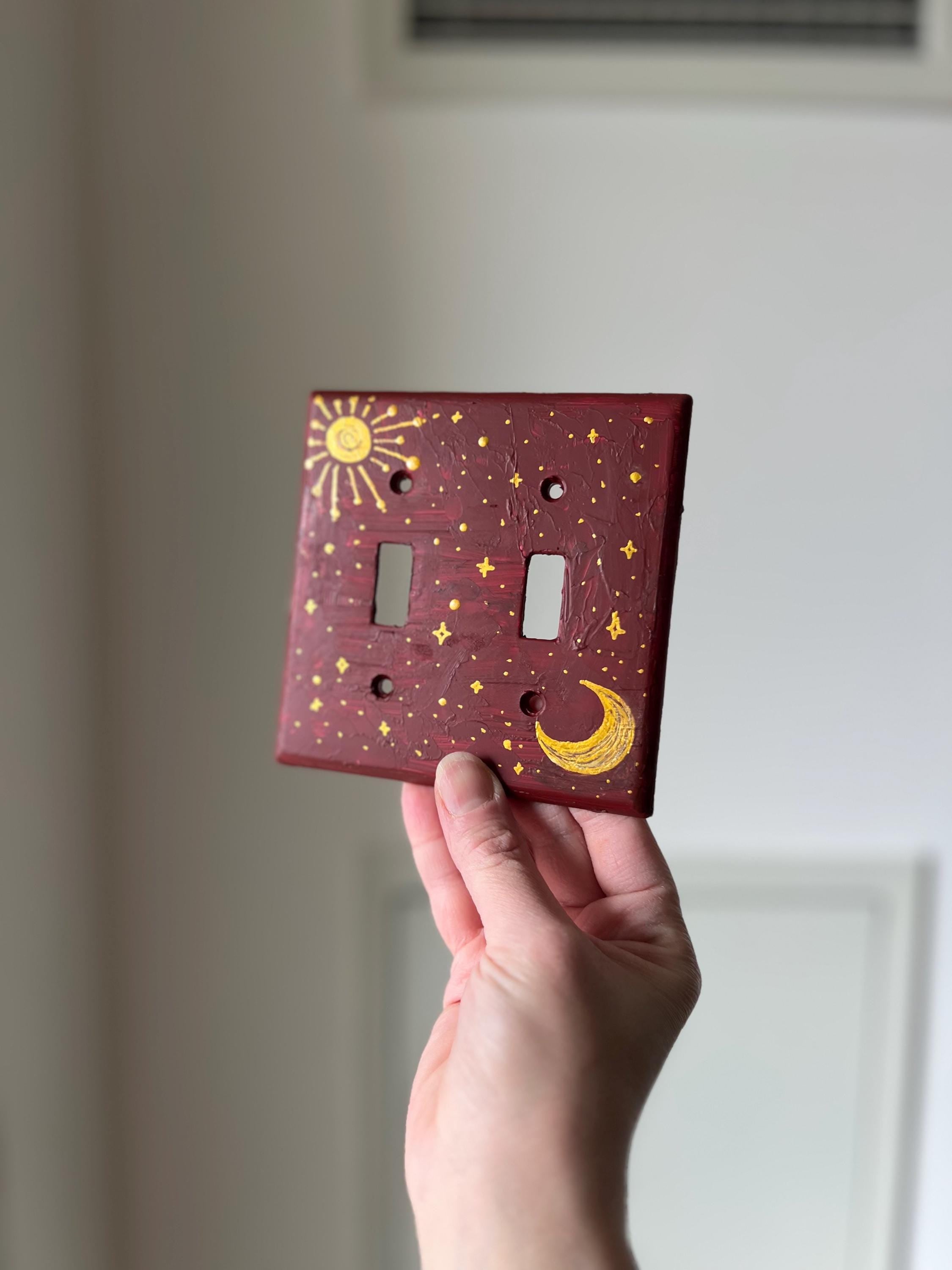 Hand-Painted Dark Red Celestial Switch Plate, Sun, Moon and Stars Wall Art Cover, Gold Witchy Decor