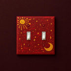 Hand-Painted Dark Red Celestial Switch Plate, Sun, Moon and Stars Wall Art Cover, Gold Witchy Decor