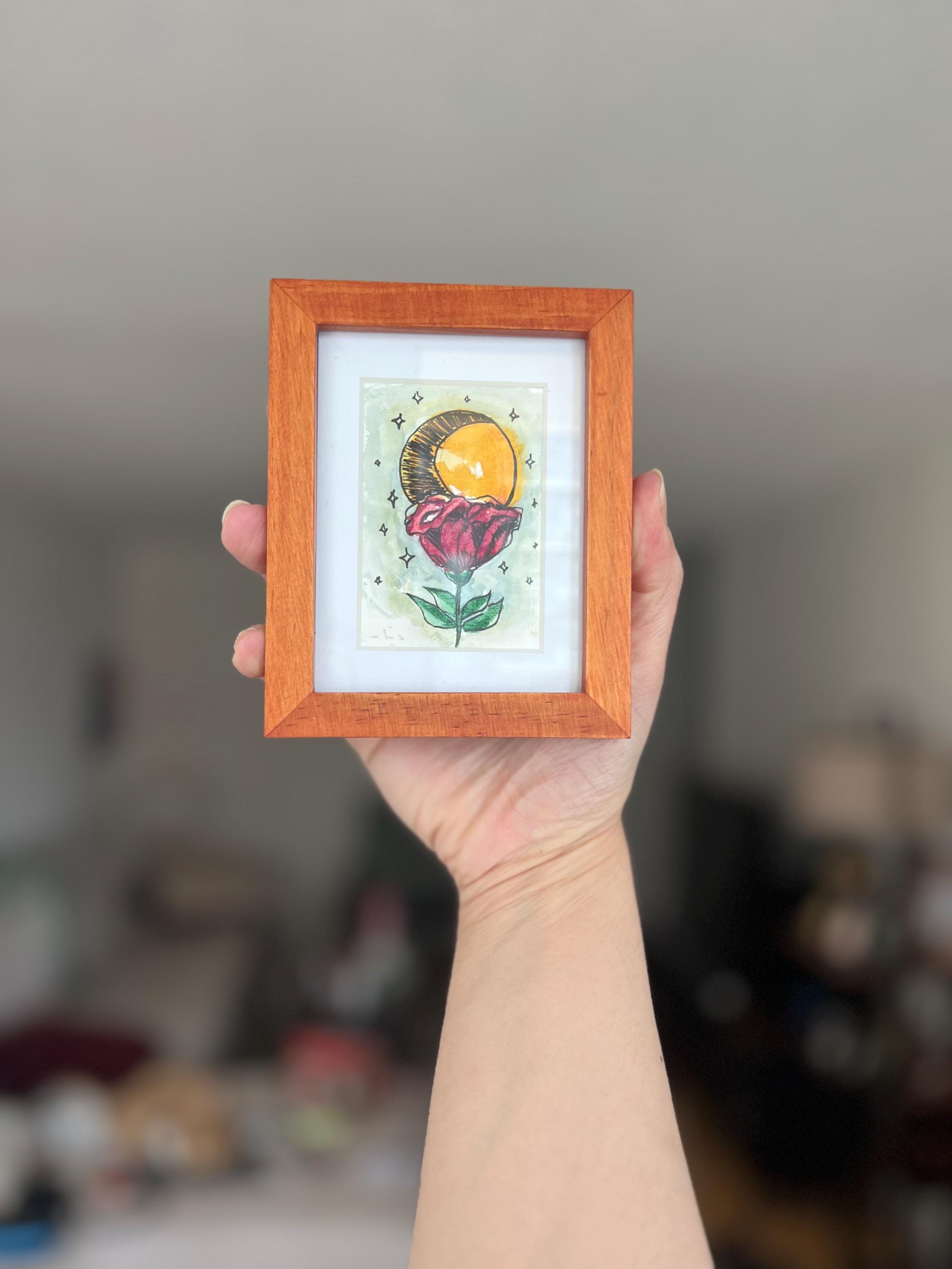 Mini Framed Watercolor Paintings: Rose, Lemon, Orange, UFOs, Striped Fabric Back