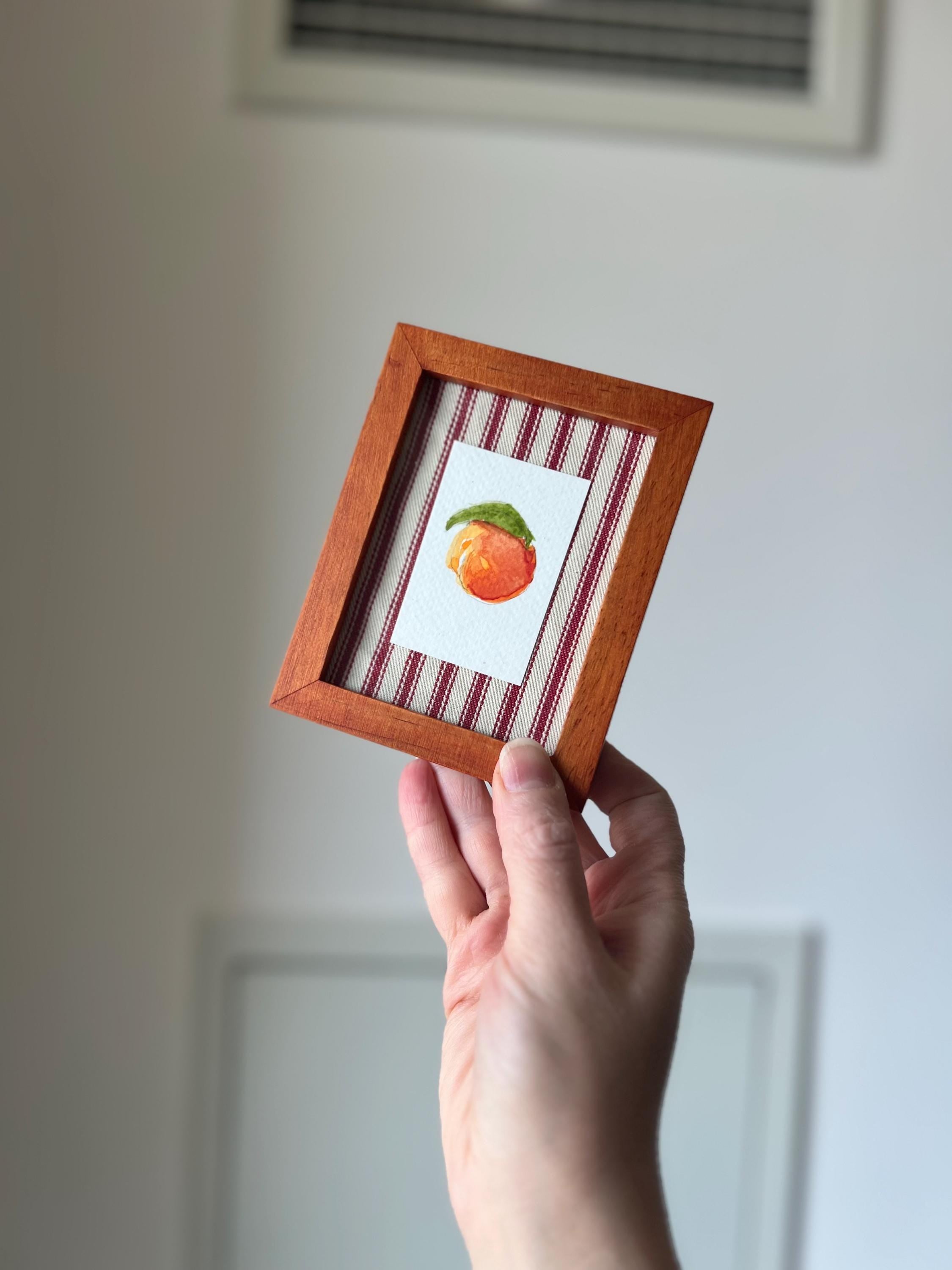Mini Framed Watercolor Paintings: Rose, Lemon, Orange, UFOs, Striped Fabric Back