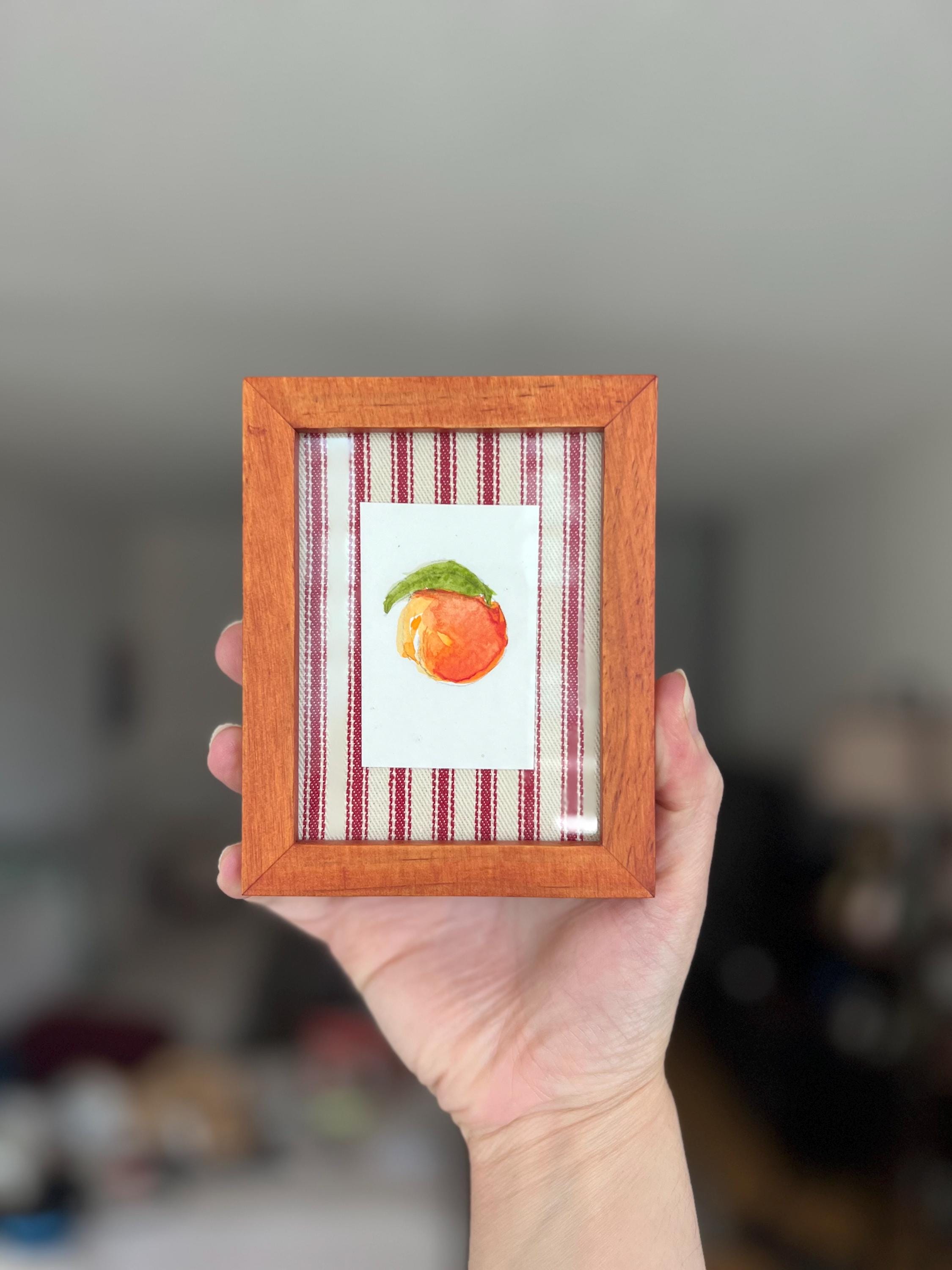 Mini Framed Watercolor Paintings: Rose, Lemon, Orange, UFOs, Striped Fabric Back