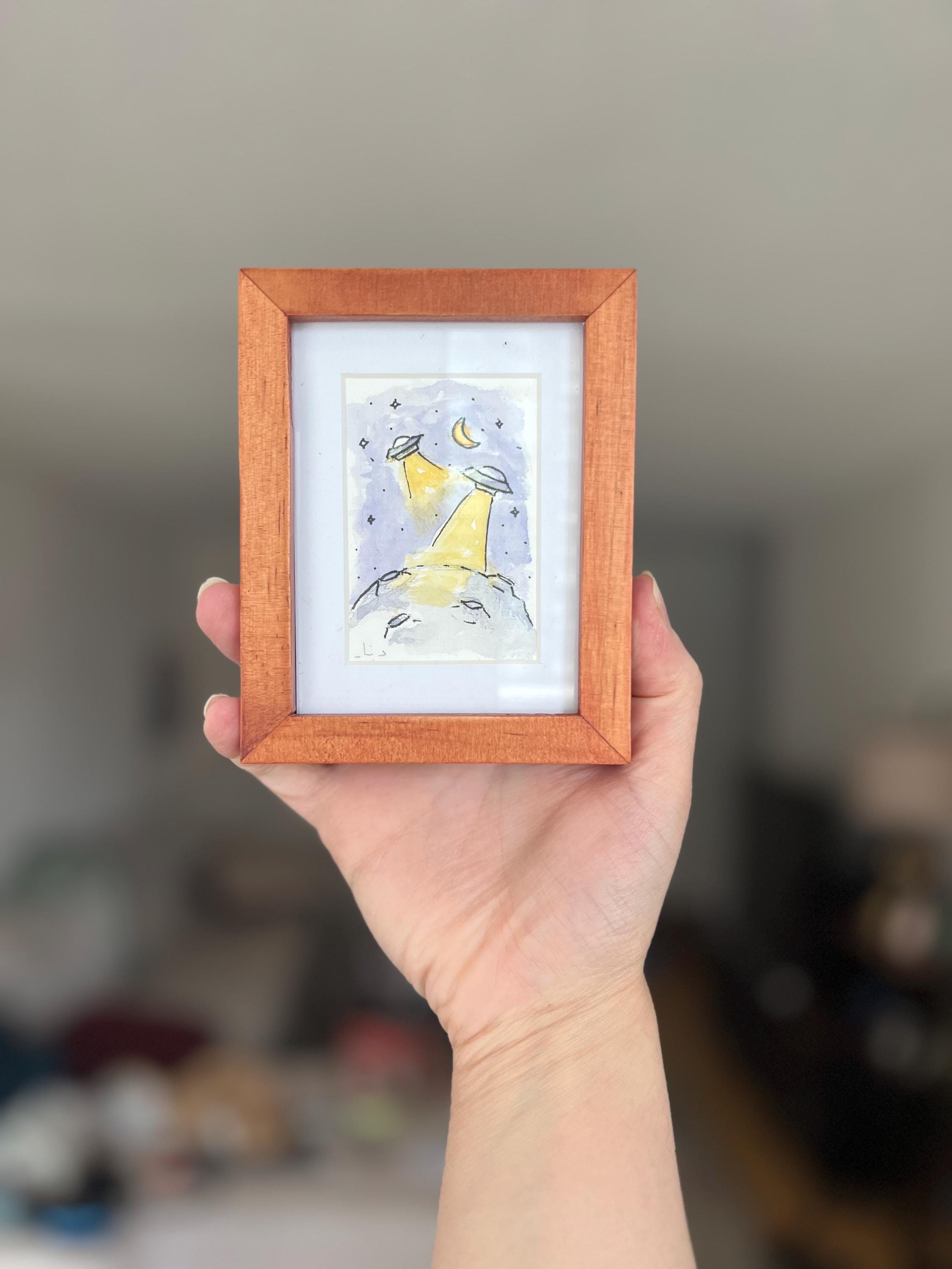 Mini Framed Watercolor Paintings: Rose, Lemon, Orange, UFOs, Striped Fabric Back