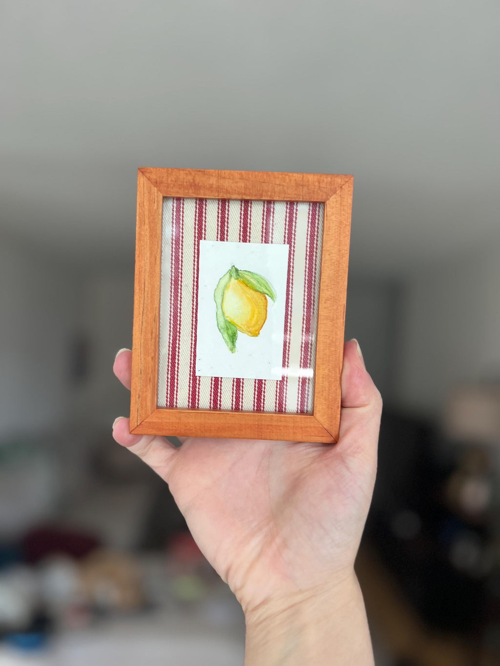 Mini Framed Watercolor Paintings: Rose, Lemon, Orange, UFOs, Striped Fabric Back