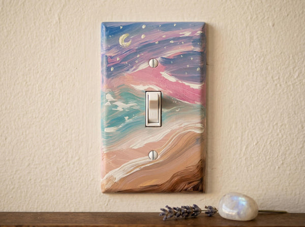 Hand-Painted Seascape Light Switch Plate, Pink Beach Purple Waves Wall Art