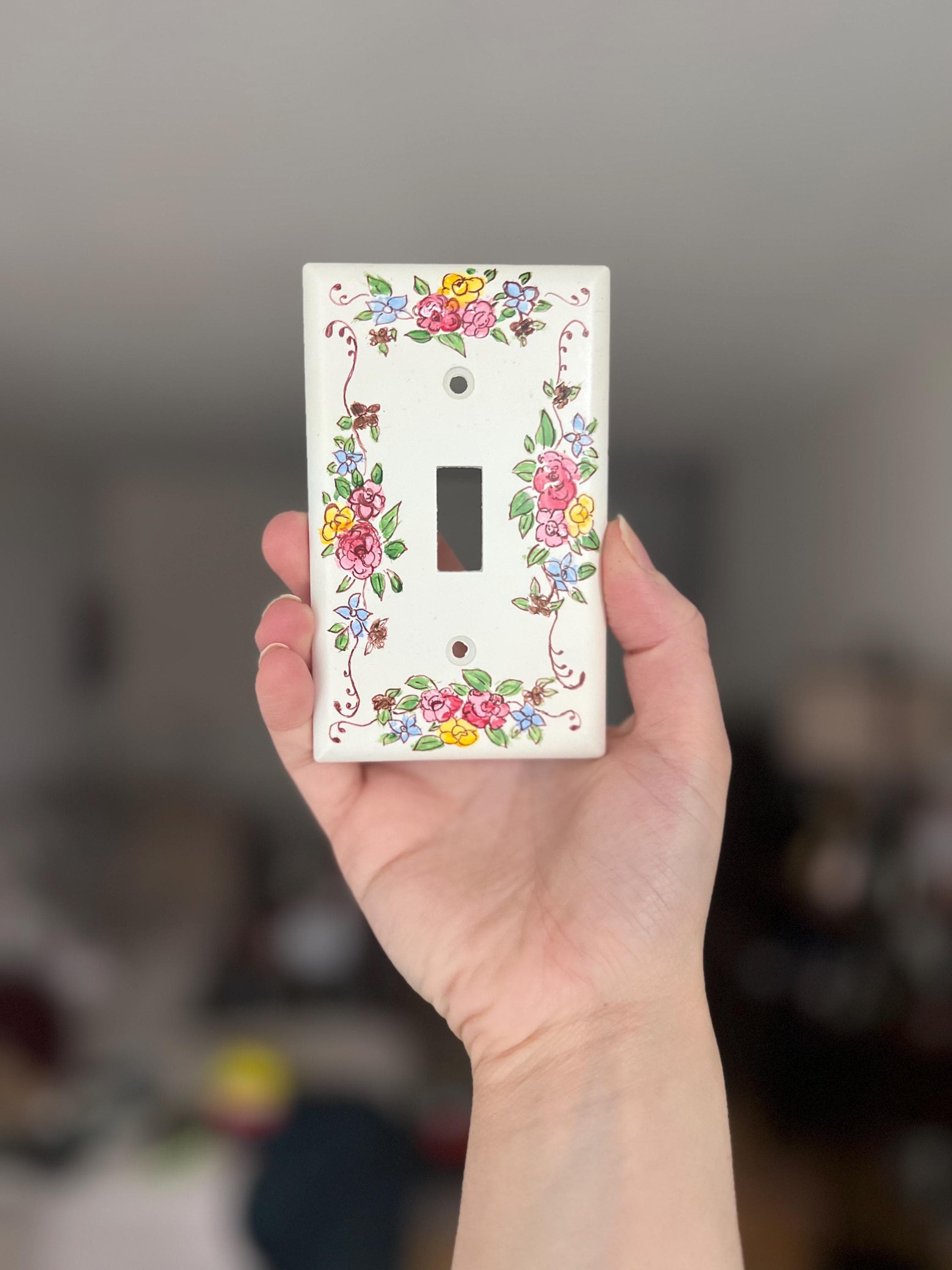 Hand-Painted Floral Vintage Light Switch Plate, Cottagecore Flowers Kitchen Wall Art