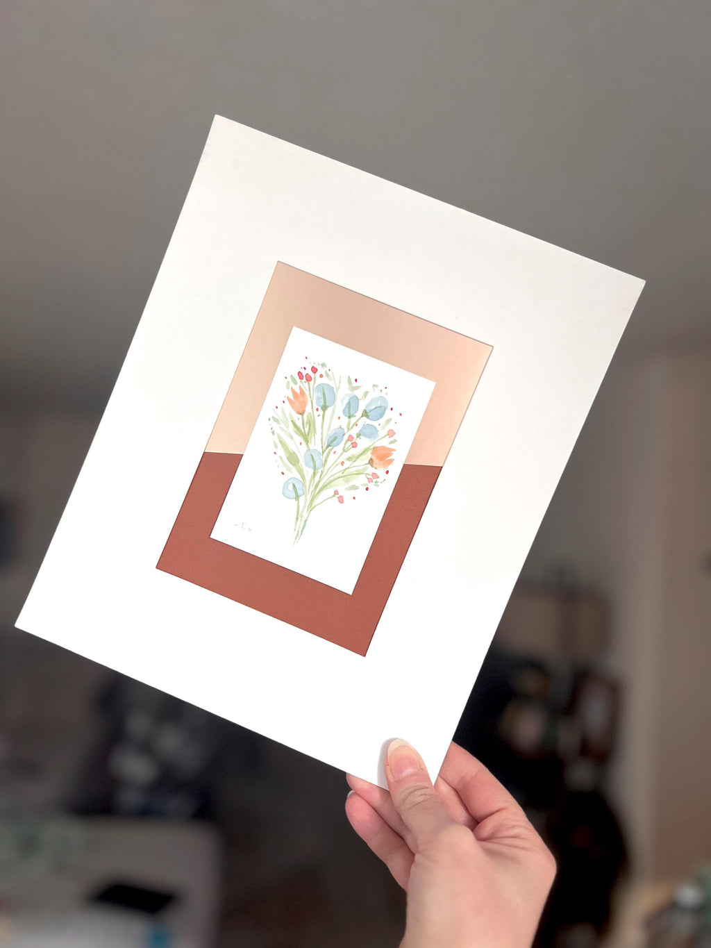 Original Matted Floral Watercolor Paintings, Hand Painted Flowers, Colorful Metallic Background, 8x10" Mat