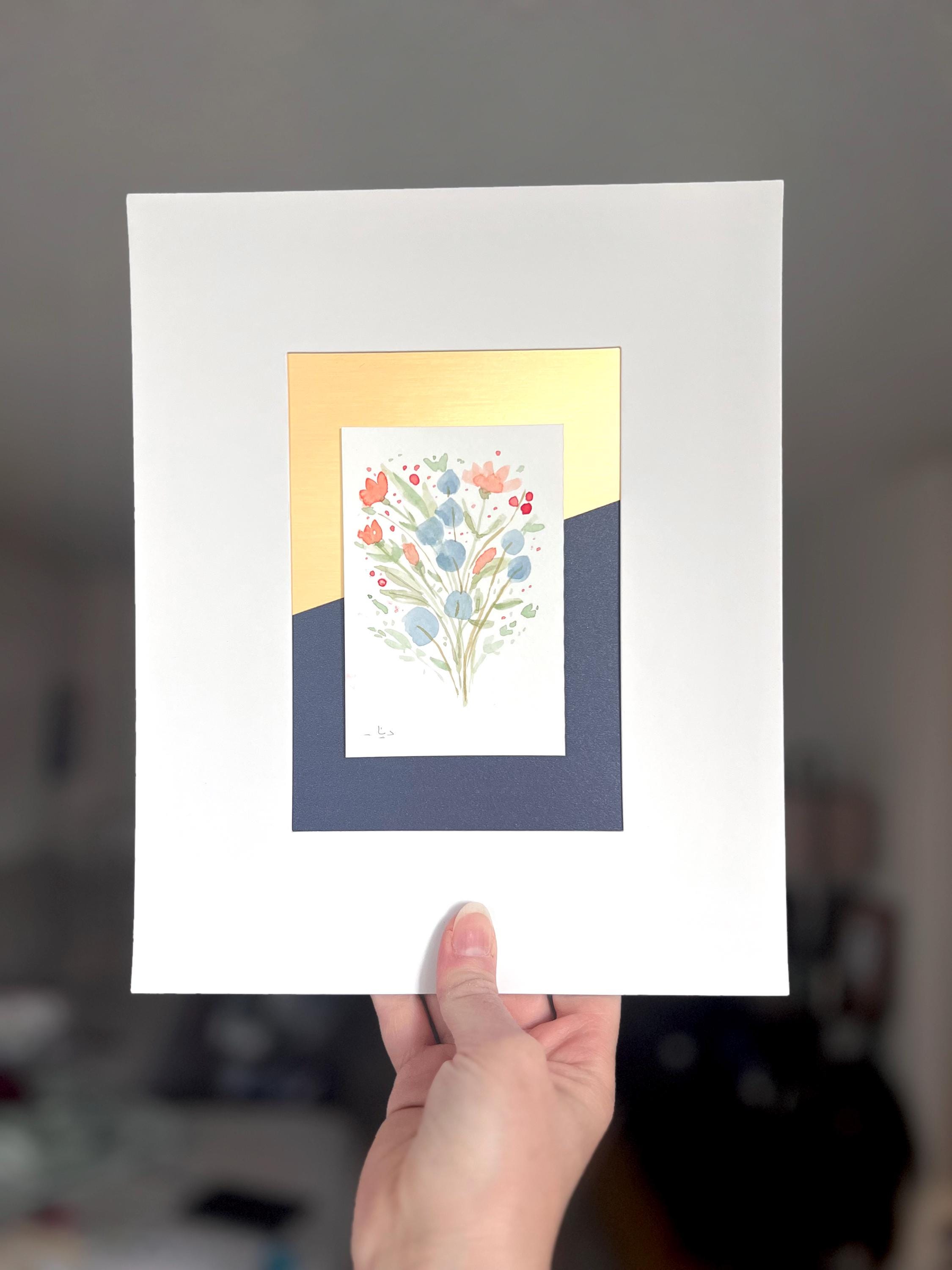 Original Matted Floral Watercolor Paintings, Hand Painted Flowers, Colorful Metallic Background, 8x10" Mat