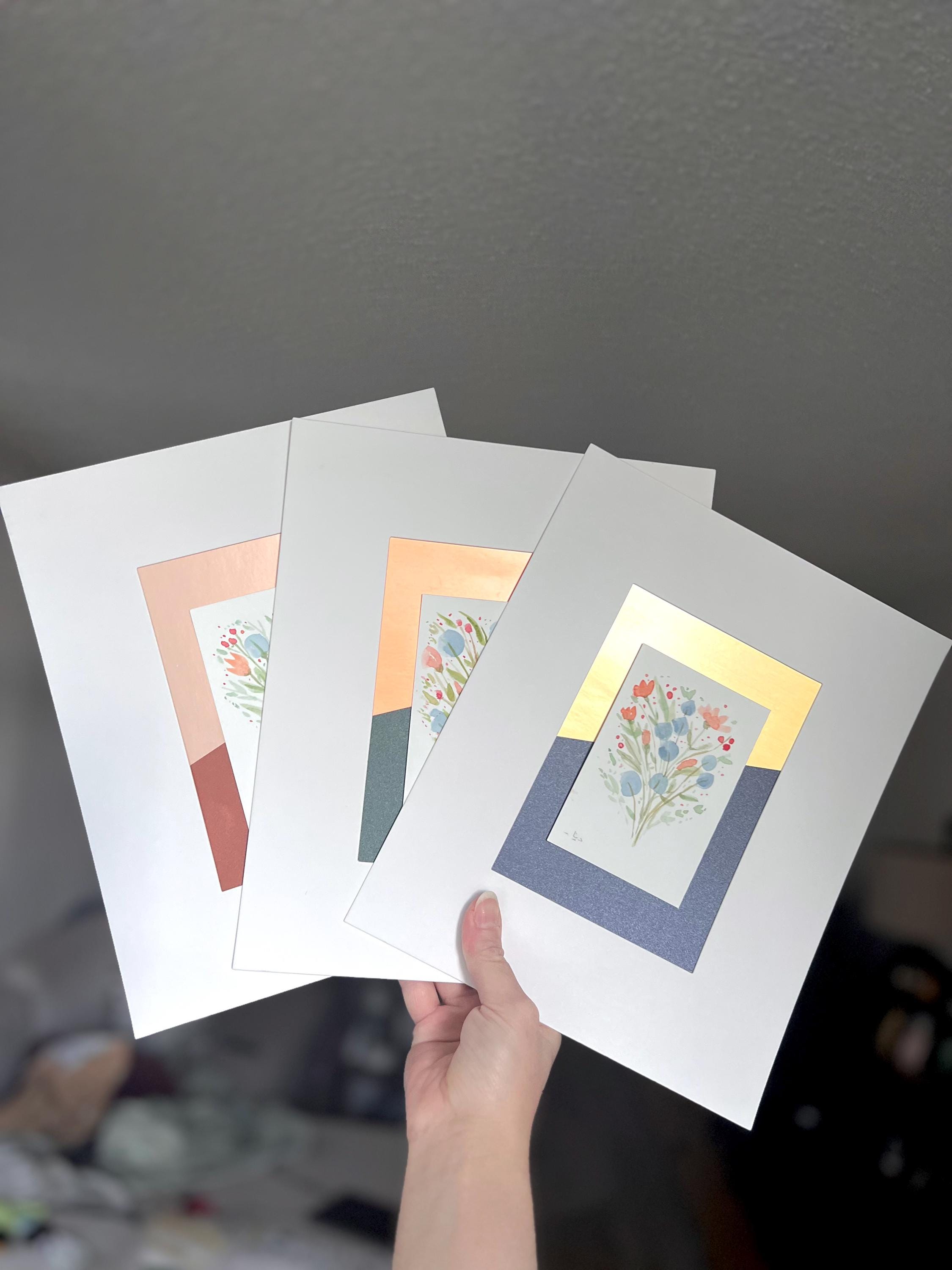 Original Matted Floral Watercolor Paintings, Hand Painted Flowers, Colorful Metallic Background, 8x10" Mat