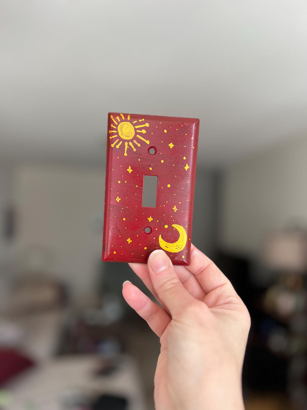 Hand-Painted Dark Red Celestial Switch Plate, Sun, Moon and Stars Wall Art Cover, Gold Witchy Decor