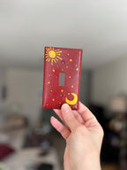 Hand-Painted Dark Red Celestial Switch Plate, Sun, Moon and Stars Wall Art Cover, Gold Witchy Decor