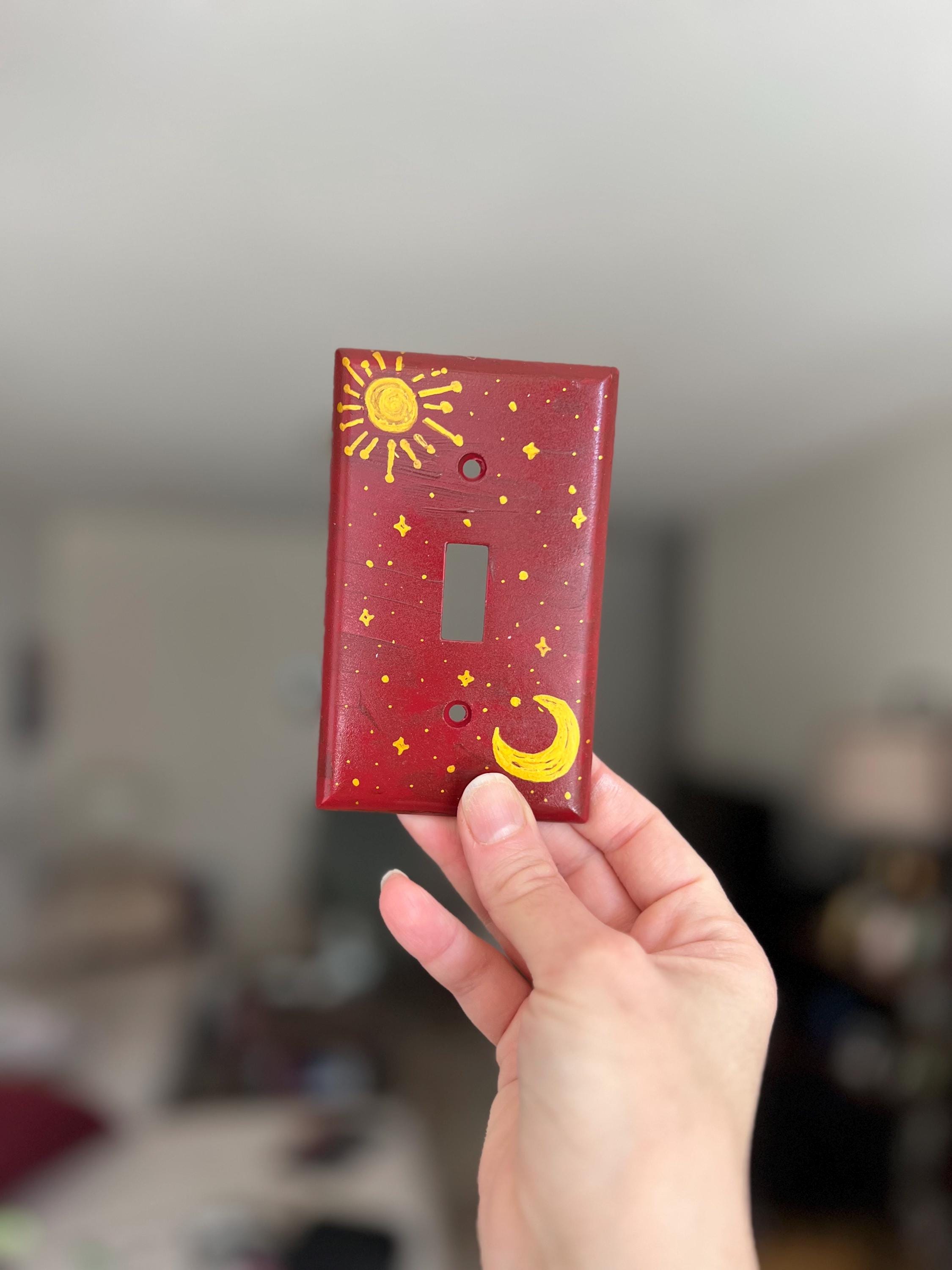 Hand-Painted Dark Red Celestial Switch Plate, Sun, Moon and Stars Wall Art Cover, Gold Witchy Decor