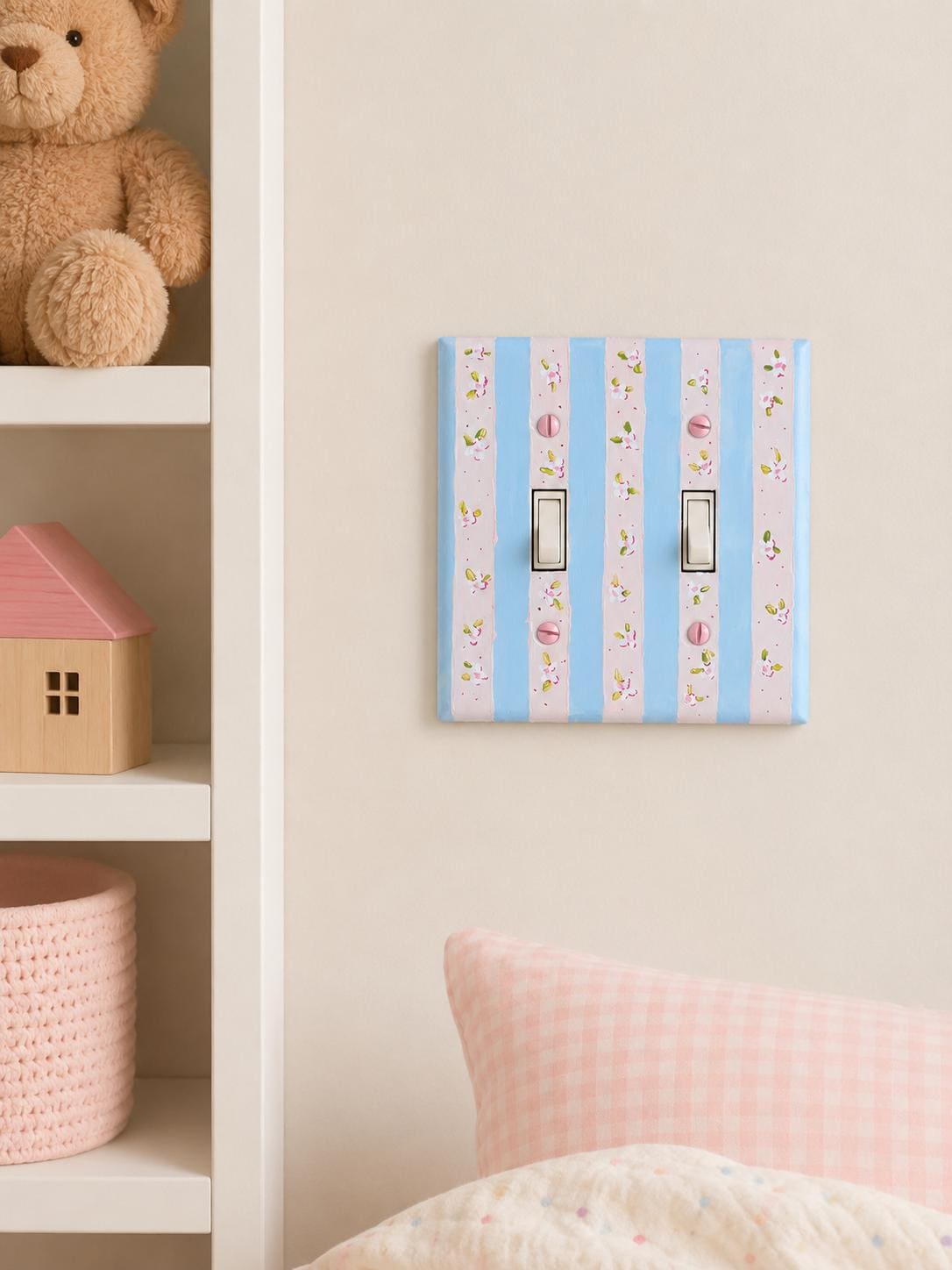 Hand-Painted Flowers Switch Plate, Baby Pink and Light Blue Floral Wall Art, Home Outlet Cover