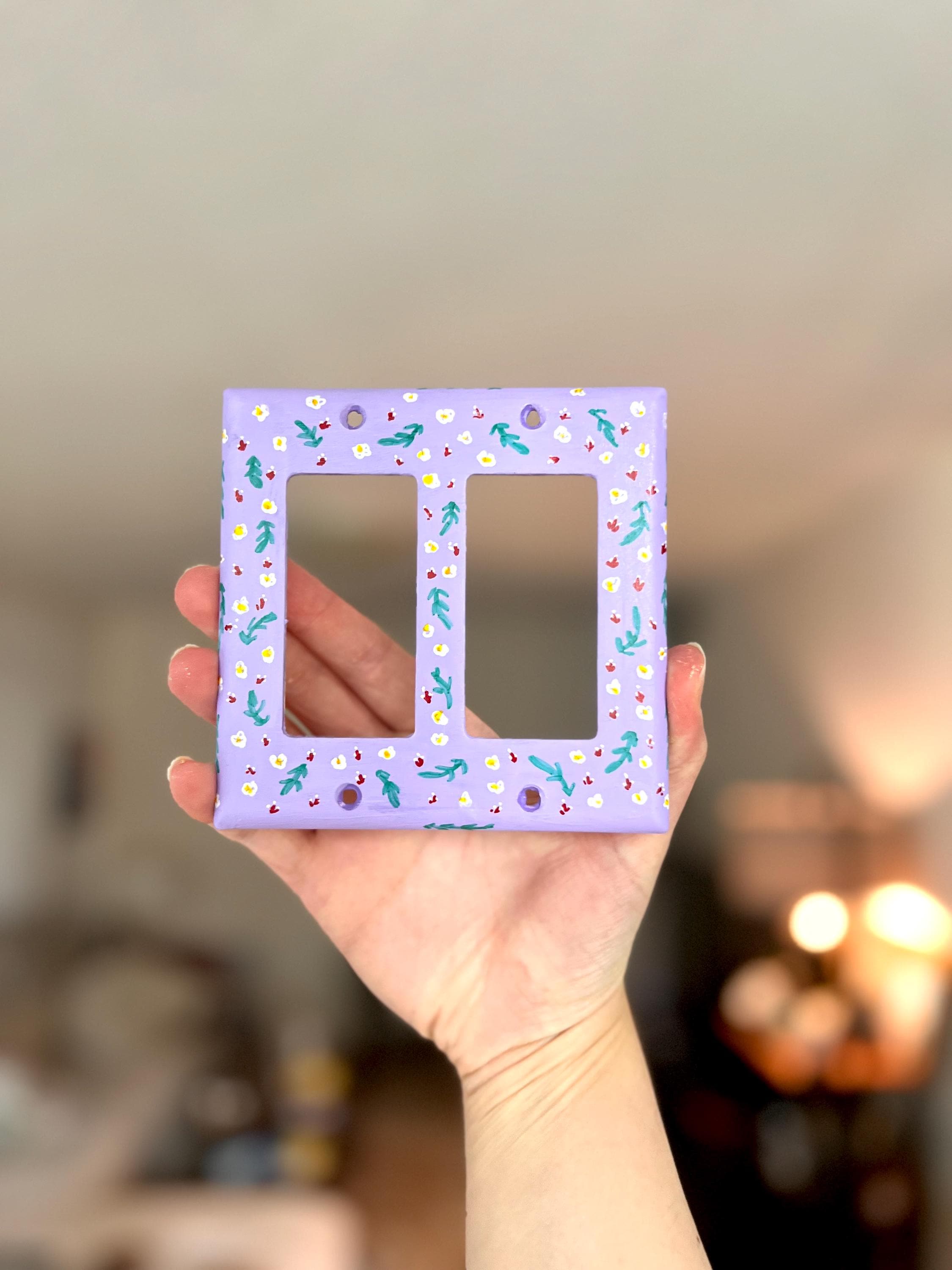 Hand-Painted Floral Light Switch Plate, Cottagecore Lavender Purple Wall Art