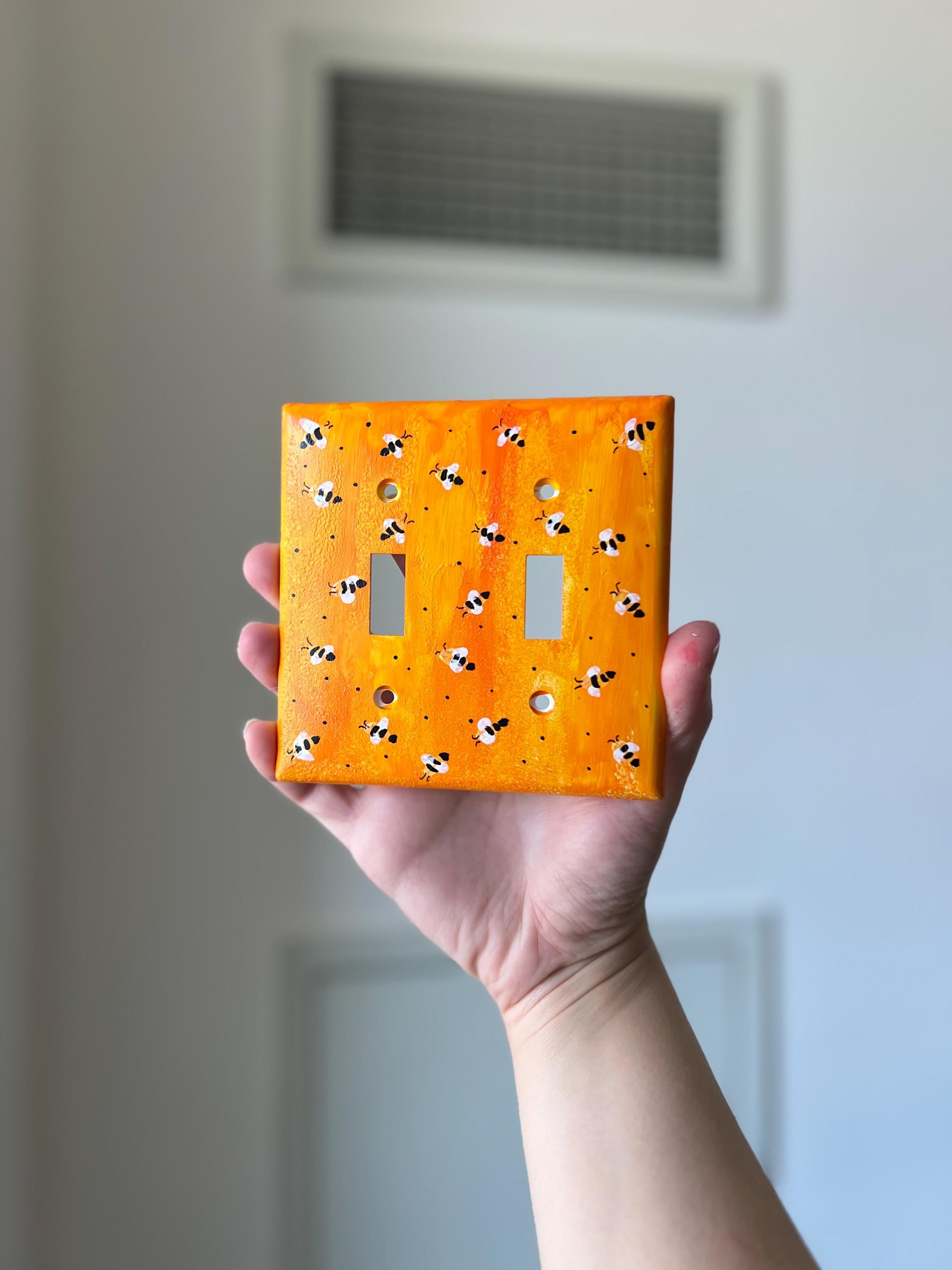 Hand-Painted Yellow Bee Pattern Light Switch Plates, Bumblebee Kitchen Decor, Outlet Cover Wall Art