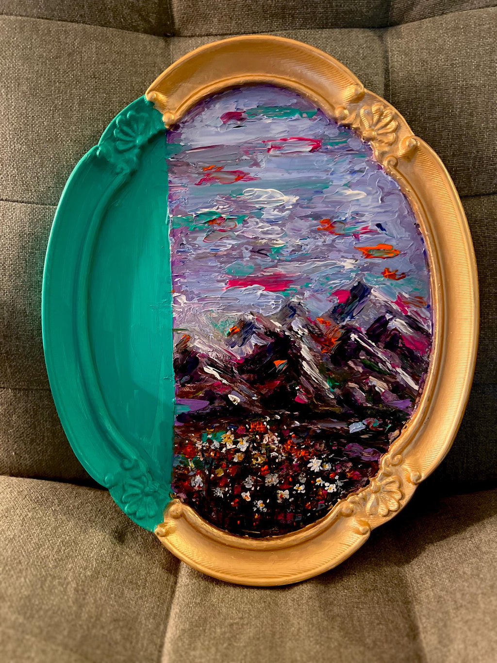 Framed Original Acrylic Landscape and Flowers Painting, Bright Turquoise, Purple and Fuschia Accents, Framed Oval Vintage sty